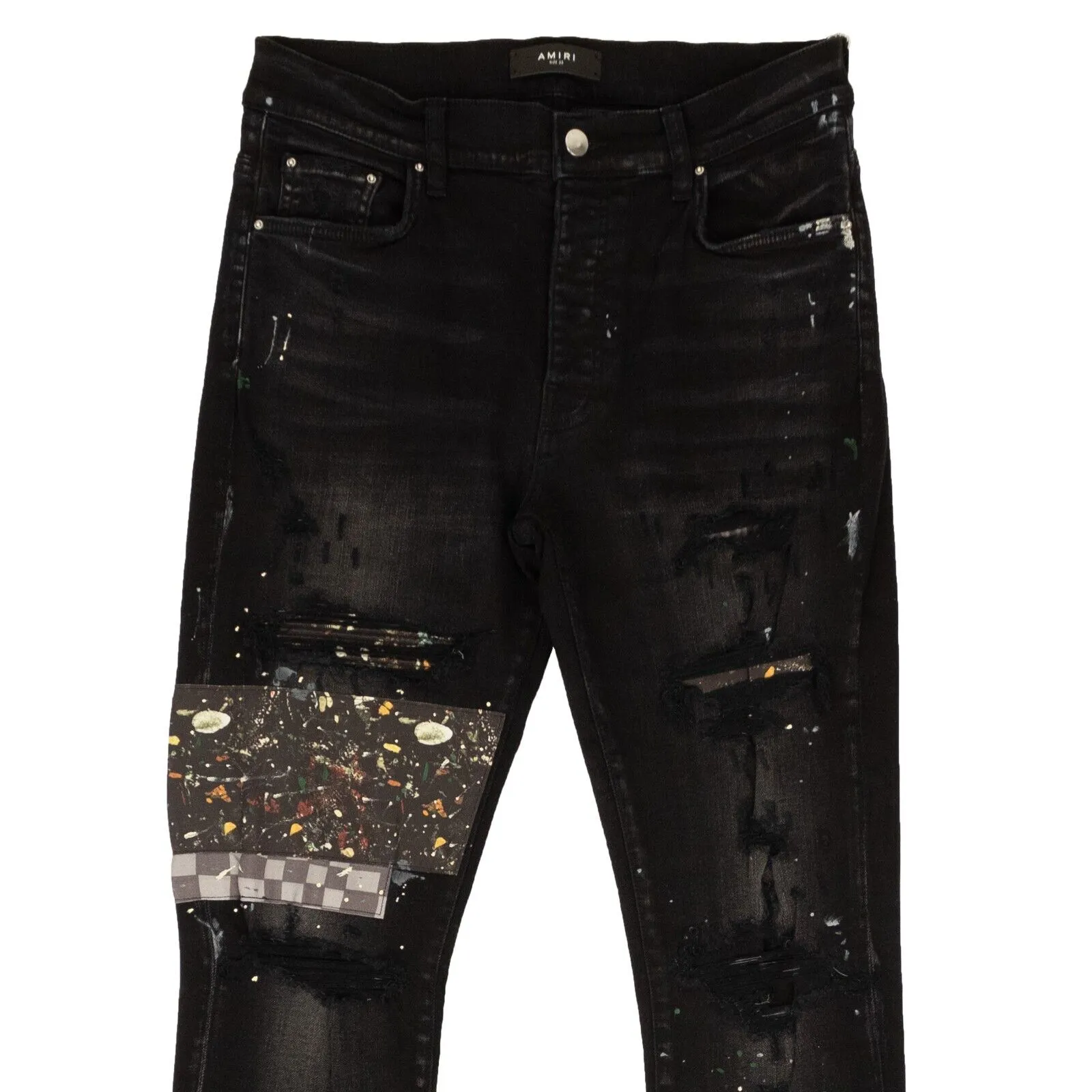 Aged Black Art Patch Checkered Skinny Jeans