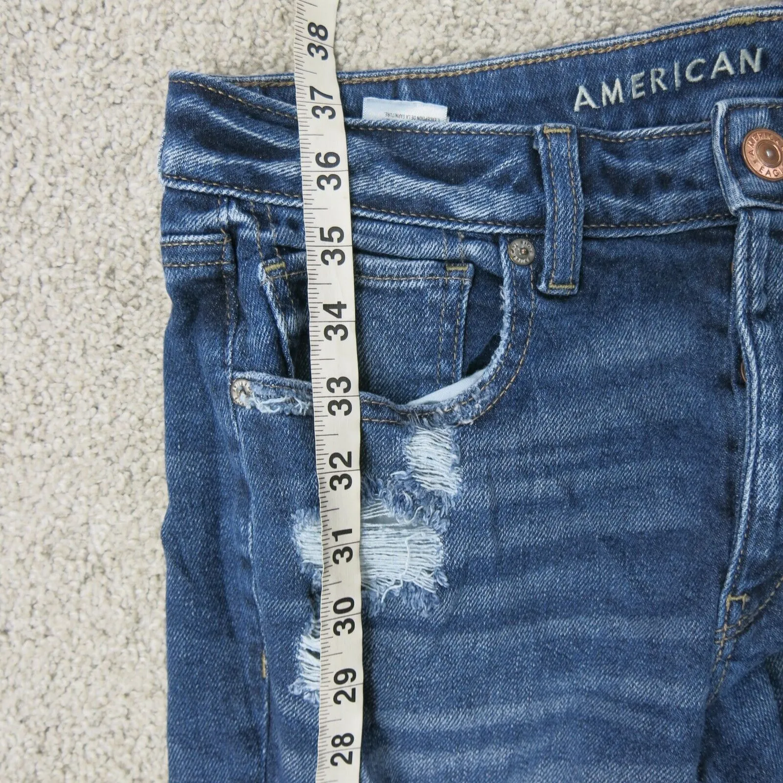 American Eagle Mens Jeans Slim Straight Leg Mid Rise Distressed Solid Blue SZ 6R