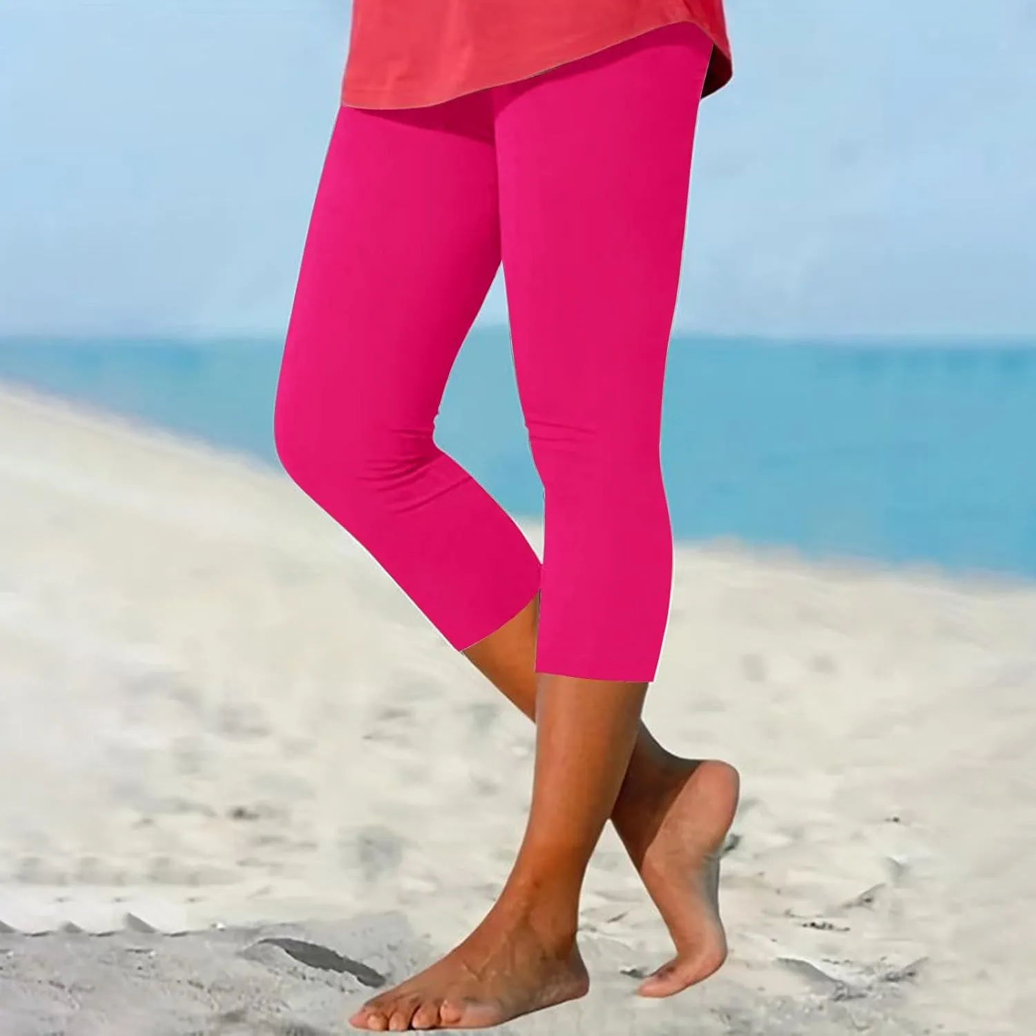 Capri Leggings for Women 3/4 Length High Waisted Yoga Pants Elastic Comfy Summer Travel Casual Cropped Solid Capris