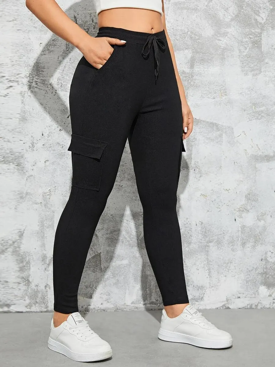 Drawstring Waist Flap Pocket Side Skinny Jeans