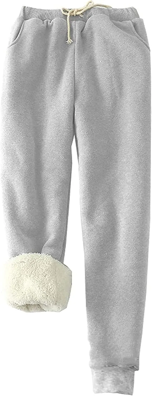 Fleece Lined Joggers Women Athletic Sweatpants Sherpa Winter Leggings Drawstring Waist Pockets Cinch Bottom Trousers