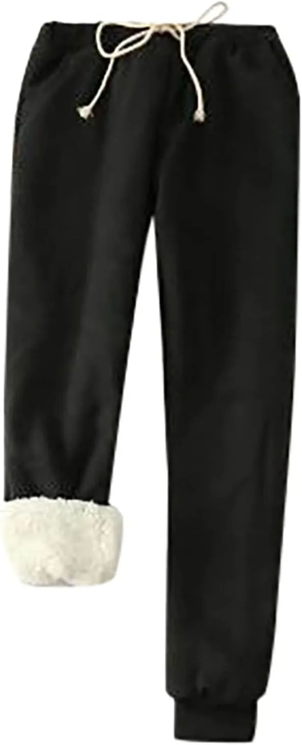 Fleece Lined Joggers Women Athletic Sweatpants Sherpa Winter Leggings Drawstring Waist Pockets Cinch Bottom Trousers
