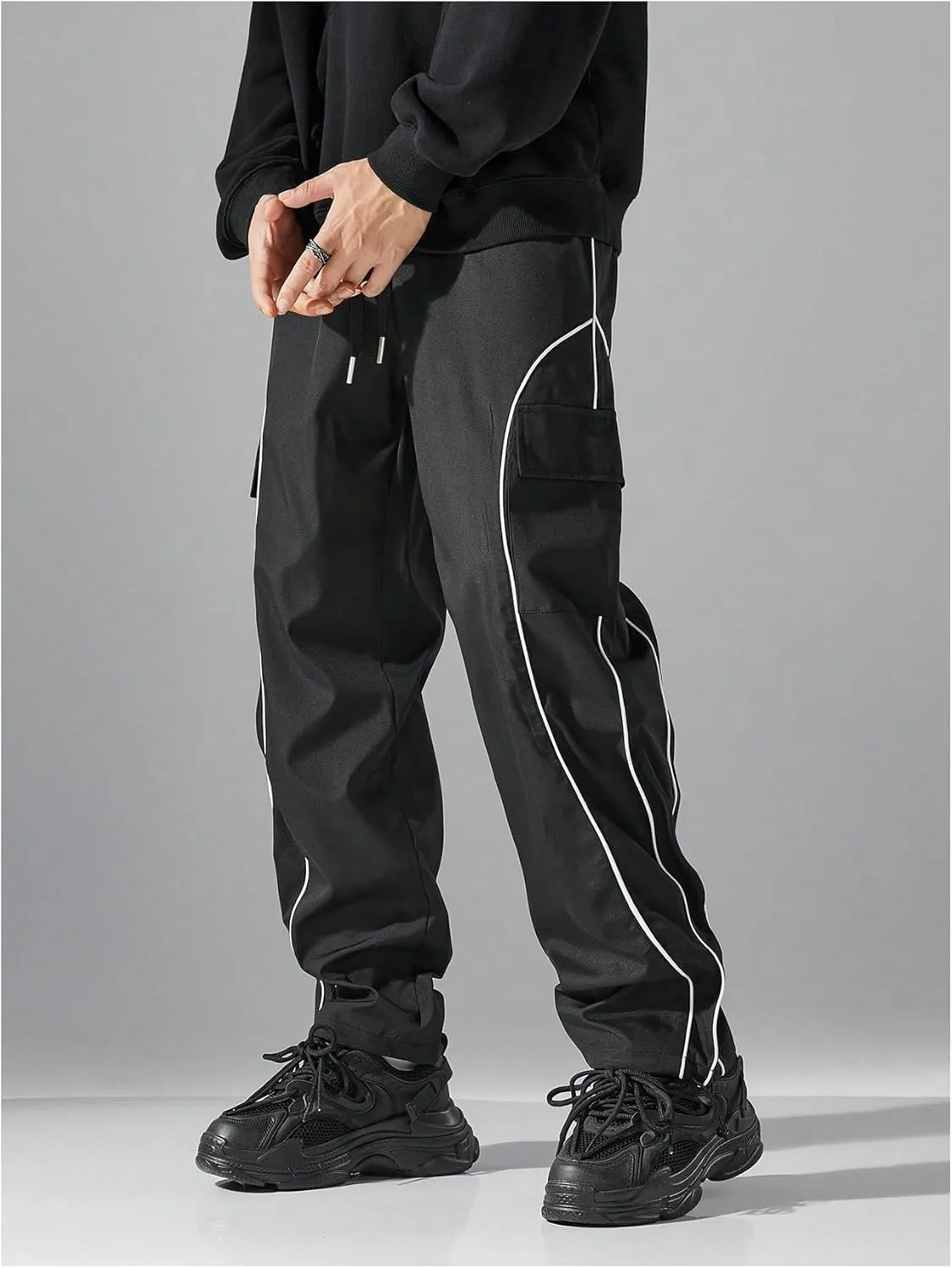 GORGLITTER Men's Baggy Cargo Pants Contrast Piping Y2k Joggers Track Pants with Pockets