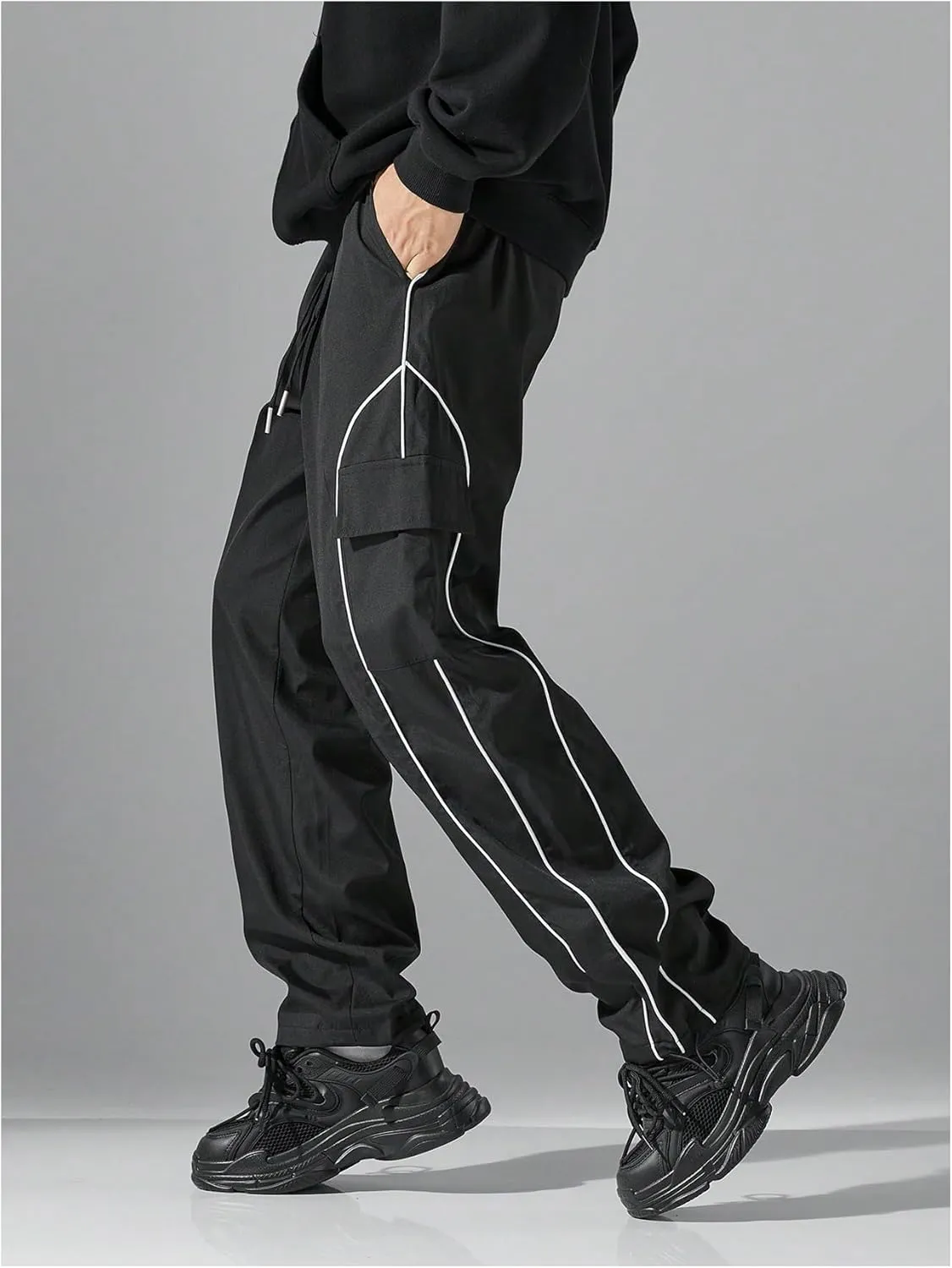 GORGLITTER Men's Baggy Cargo Pants Contrast Piping Y2k Joggers Track Pants with Pockets