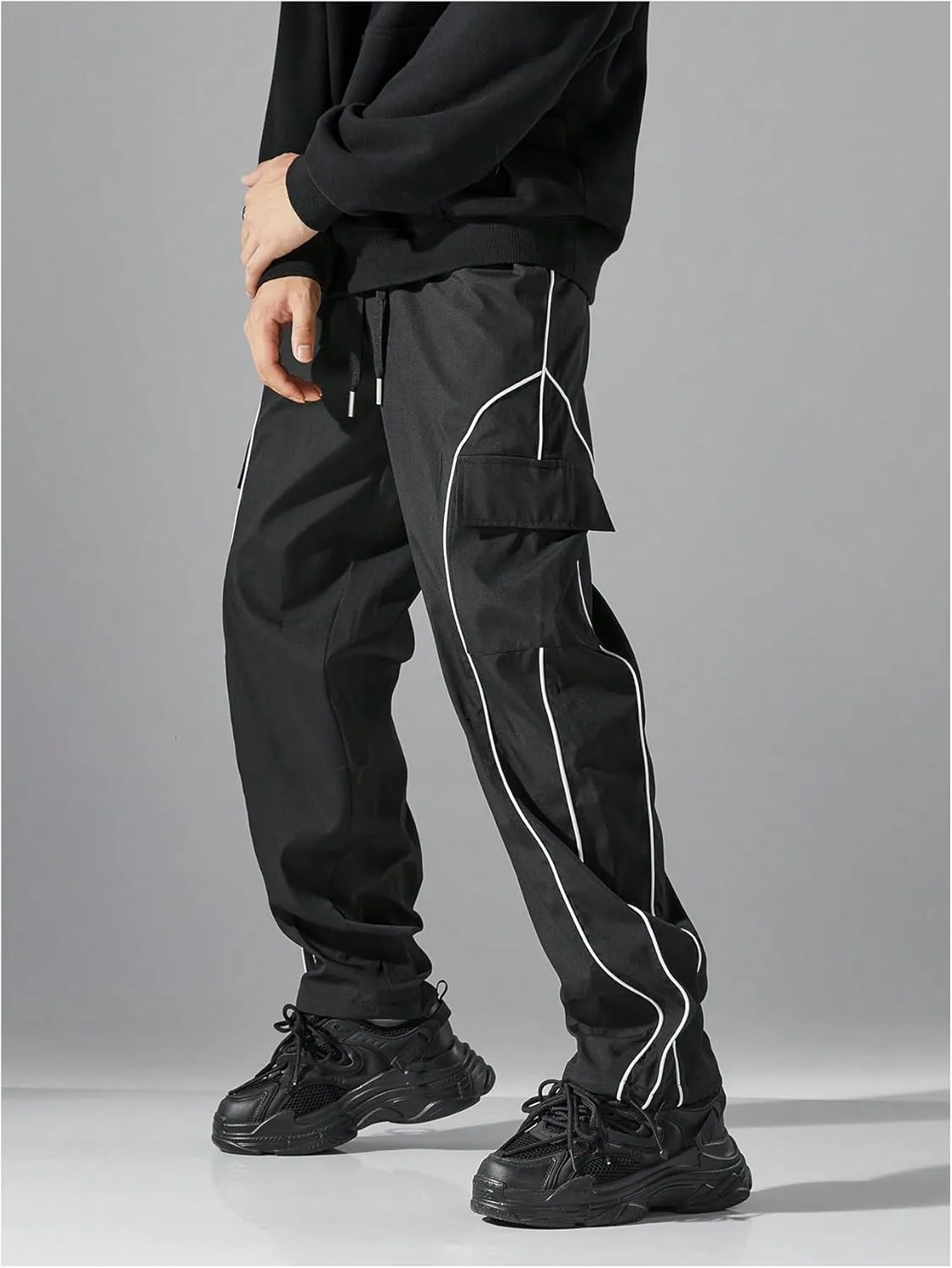 GORGLITTER Men's Baggy Cargo Pants Contrast Piping Y2k Joggers Track Pants with Pockets