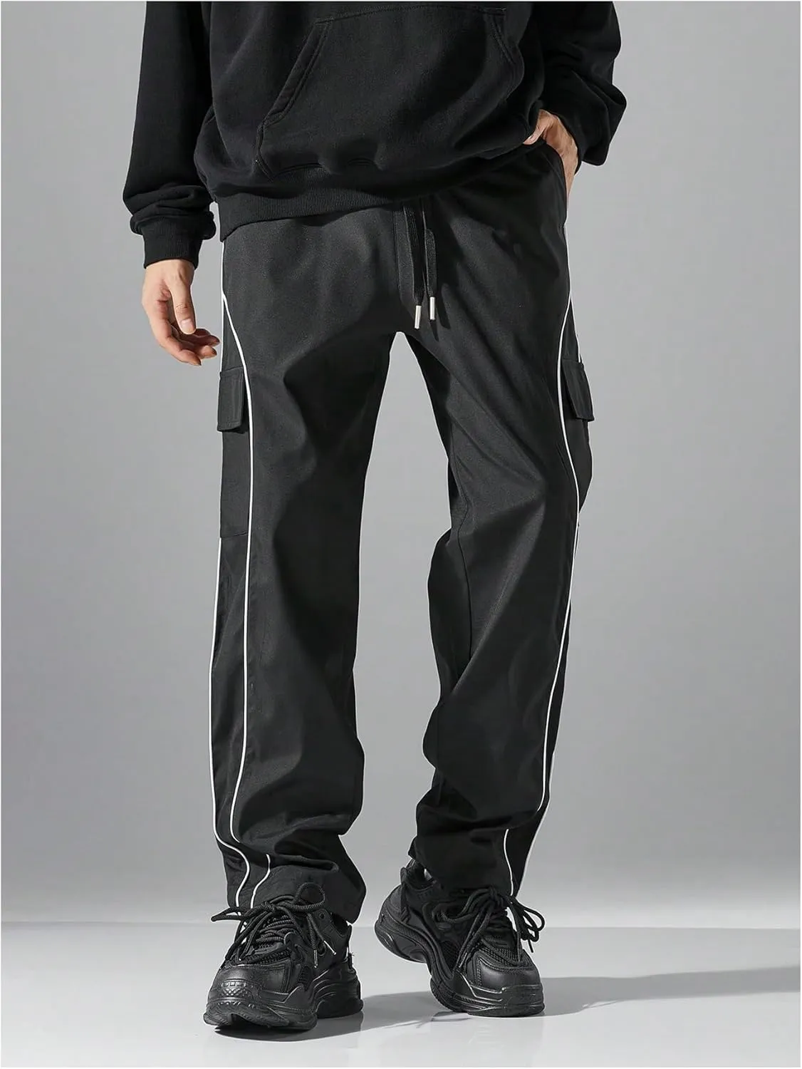 GORGLITTER Men's Baggy Cargo Pants Contrast Piping Y2k Joggers Track Pants with Pockets