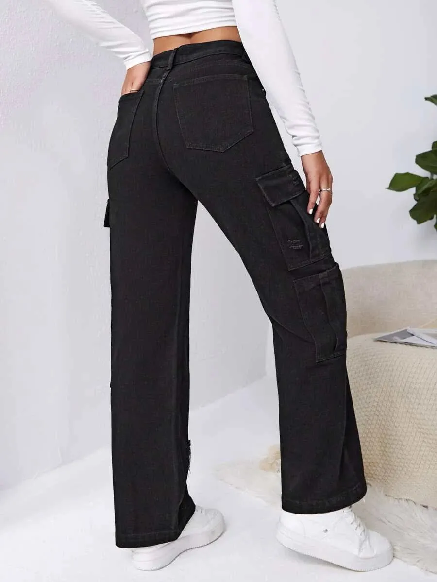 High Waist Western Flap Pocket Ripped Cargo Pants