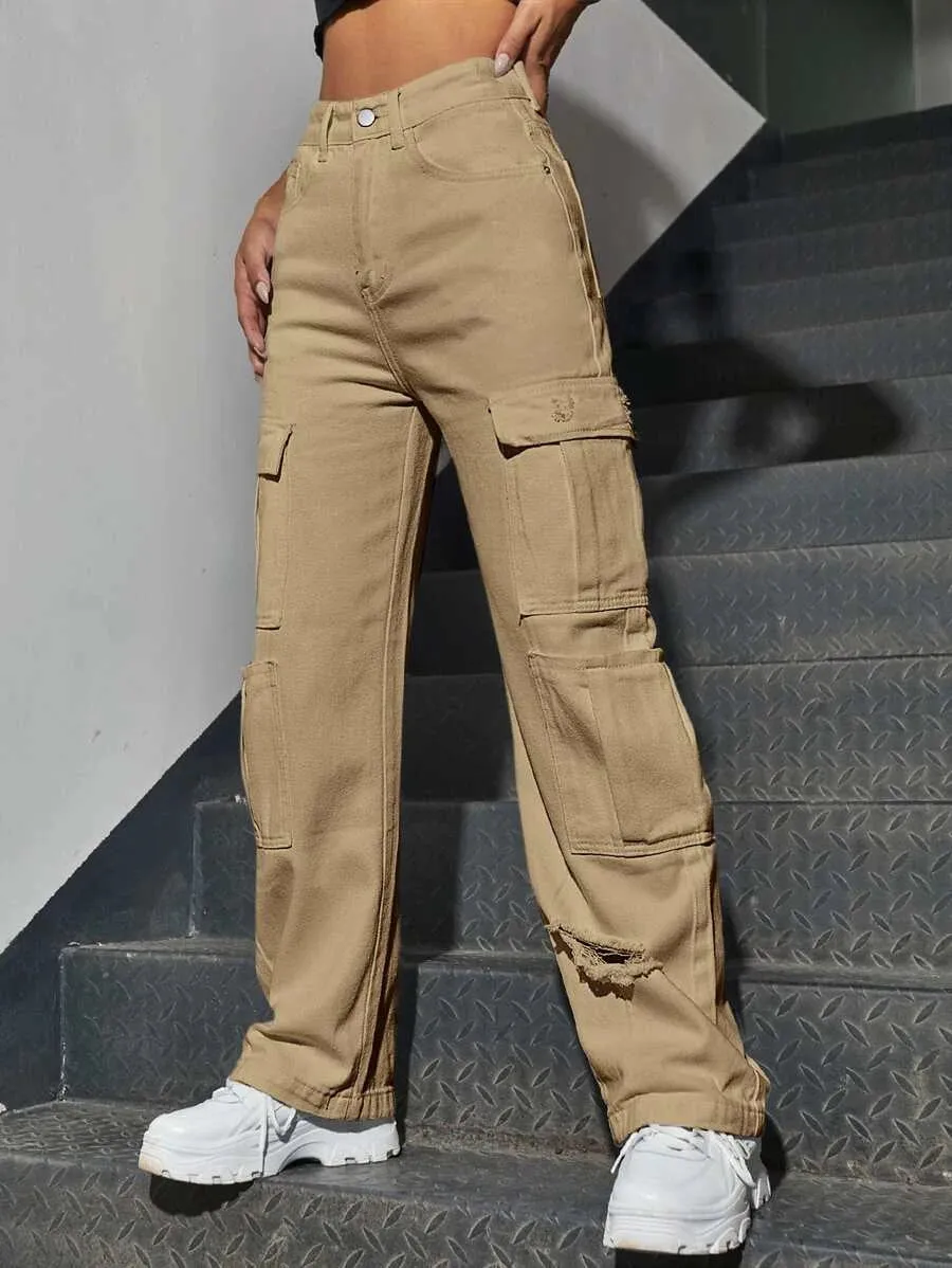 High Waist Western Flap Pocket Ripped Cargo Pants