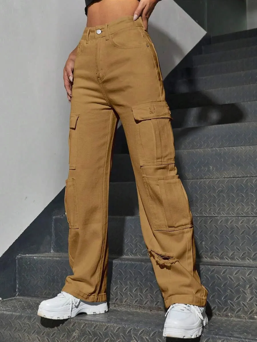 High Waist Western Flap Pocket Ripped Cargo Pants