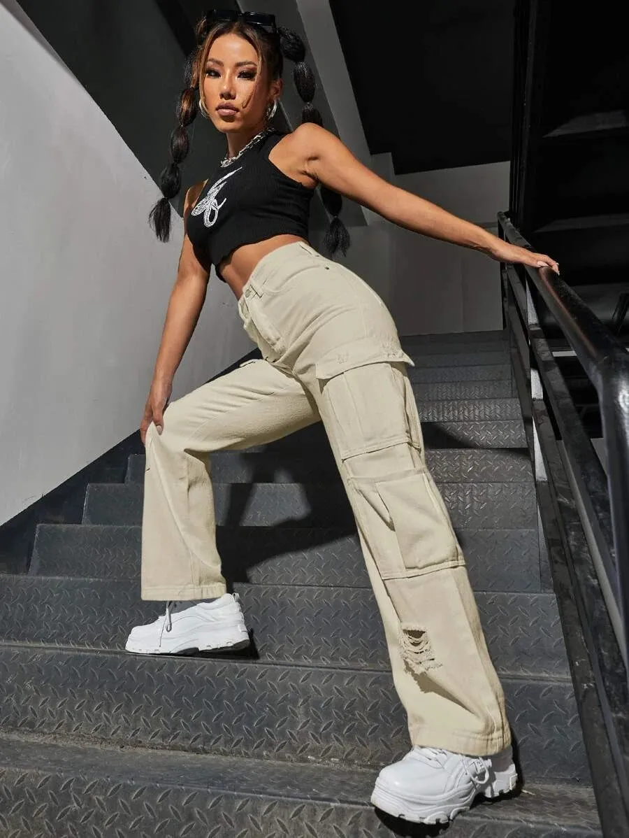 High Waist Western Flap Pocket Ripped Cargo Pants