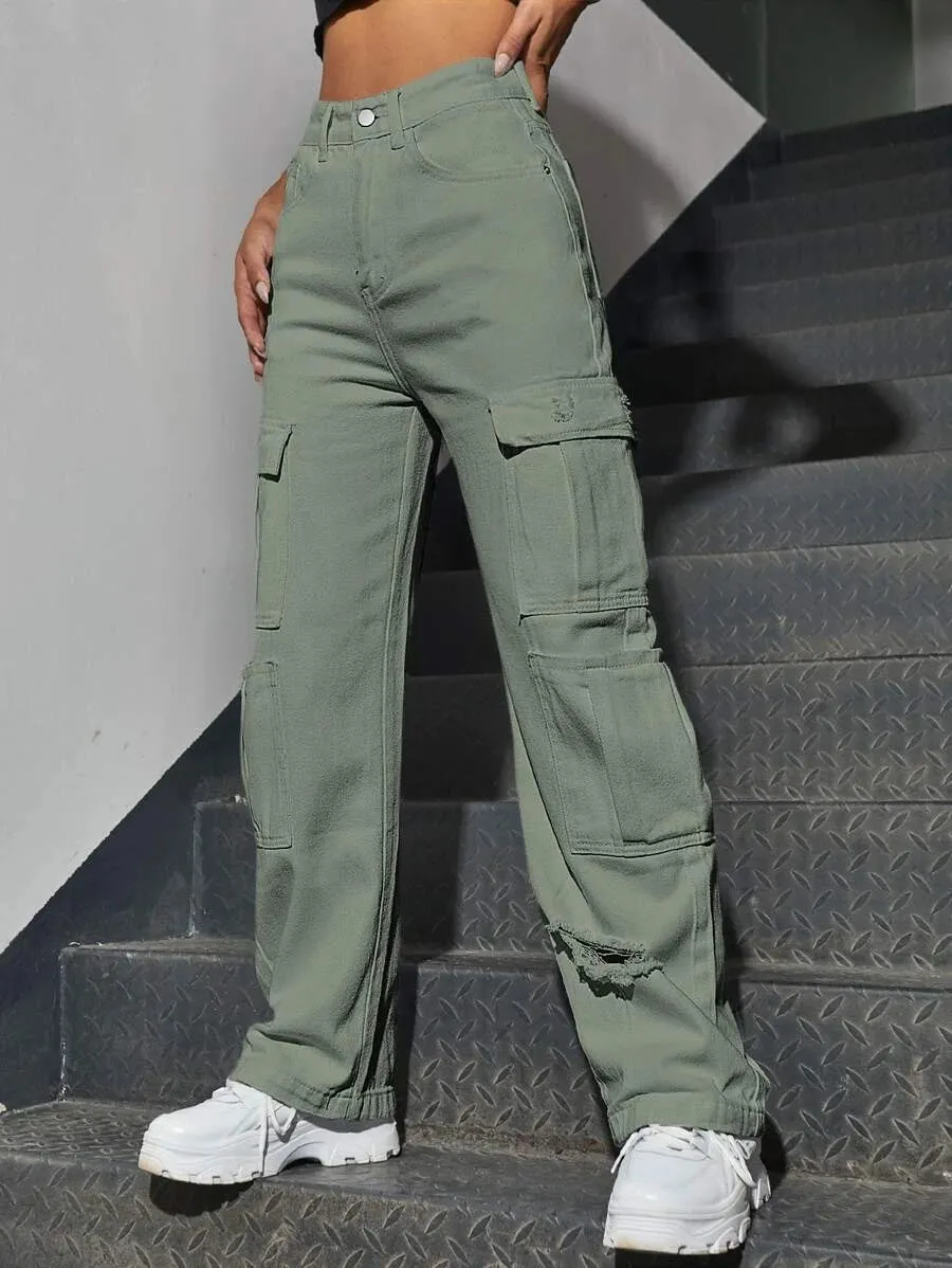 High Waist Western Flap Pocket Ripped Cargo Pants