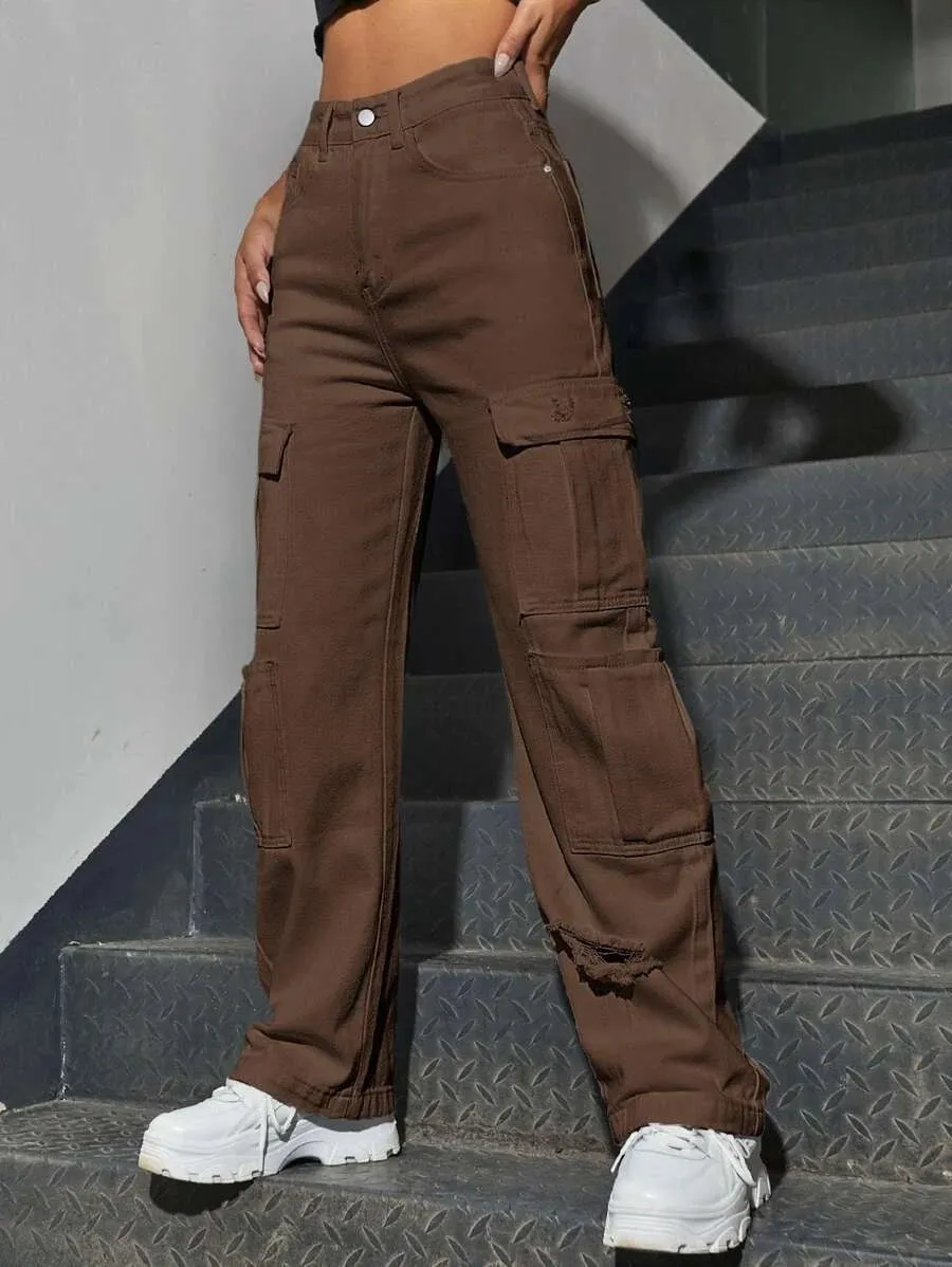 High Waist Western Flap Pocket Ripped Cargo Pants