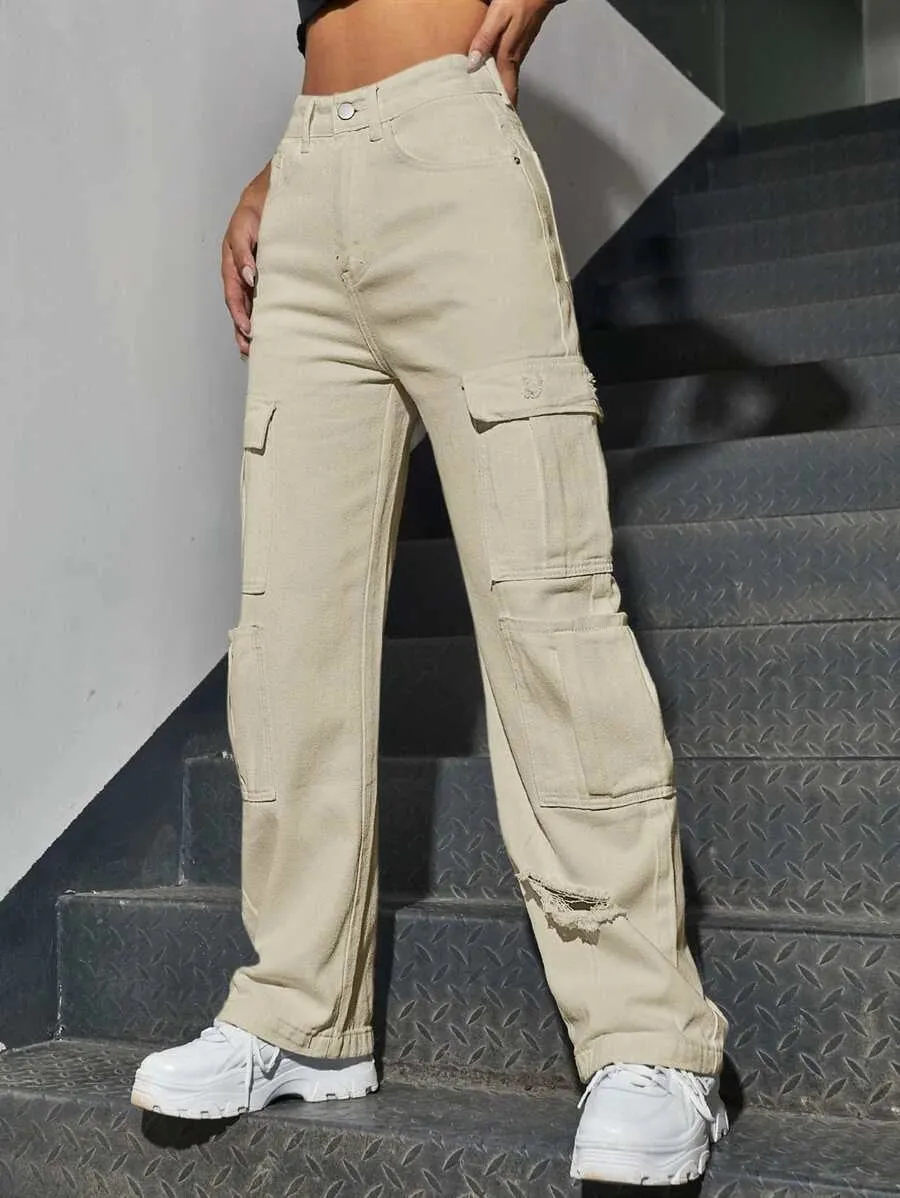 High Waist Western Flap Pocket Ripped Cargo Pants