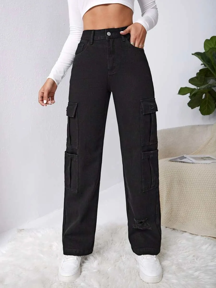 High Waist Western Flap Pocket Ripped Cargo Pants