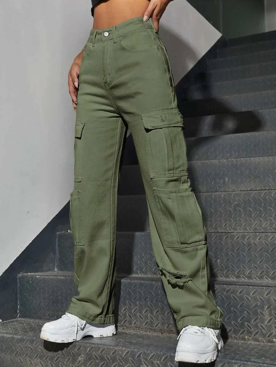 High Waist Western Flap Pocket Ripped Cargo Pants