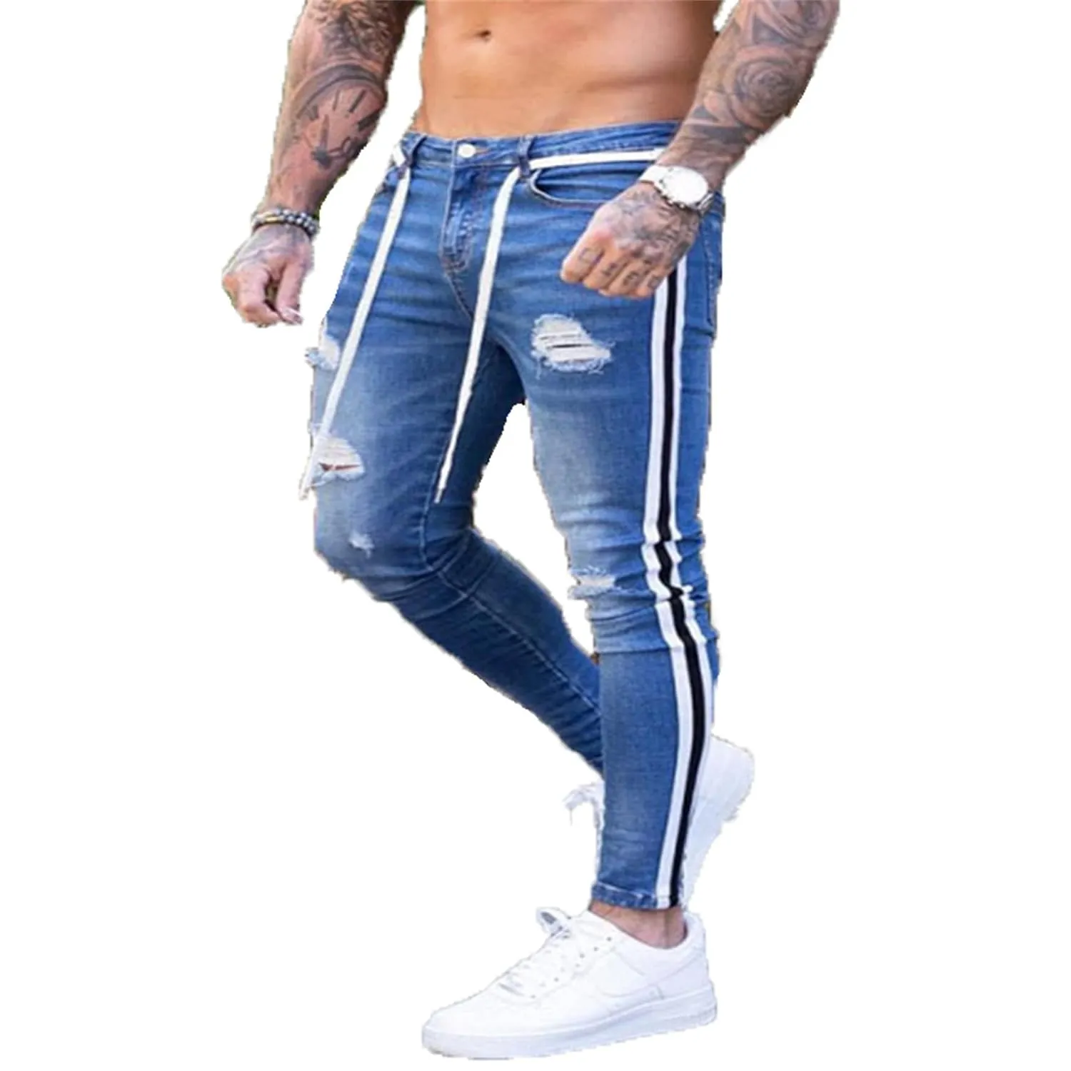 KELYWELL Men's Skinny Ripped Jeans Slim Fit Stretch Jean Side Striped Motorcycle Denim Pants (Medium,Light Blue)
