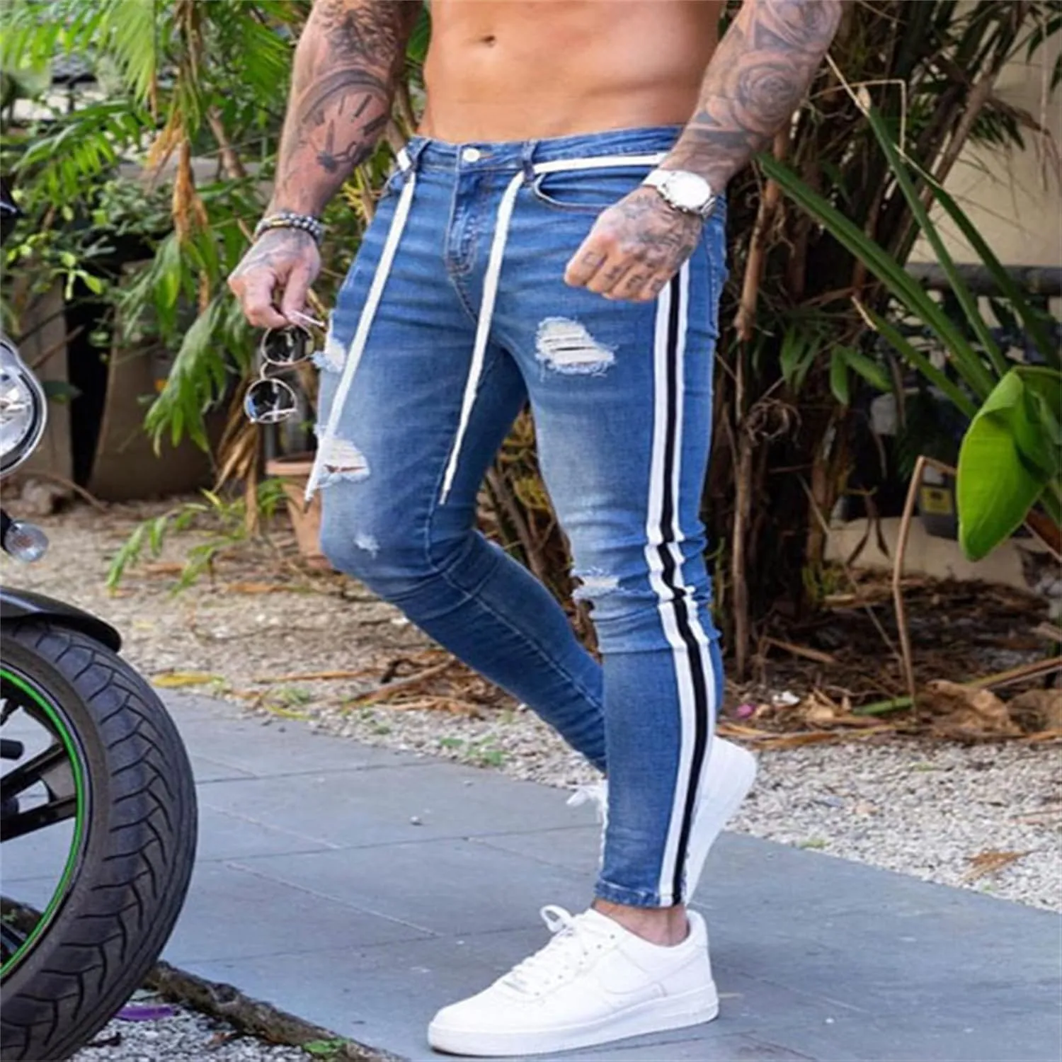 KELYWELL Men's Skinny Ripped Jeans Slim Fit Stretch Jean Side Striped Motorcycle Denim Pants (Medium,Light Blue)