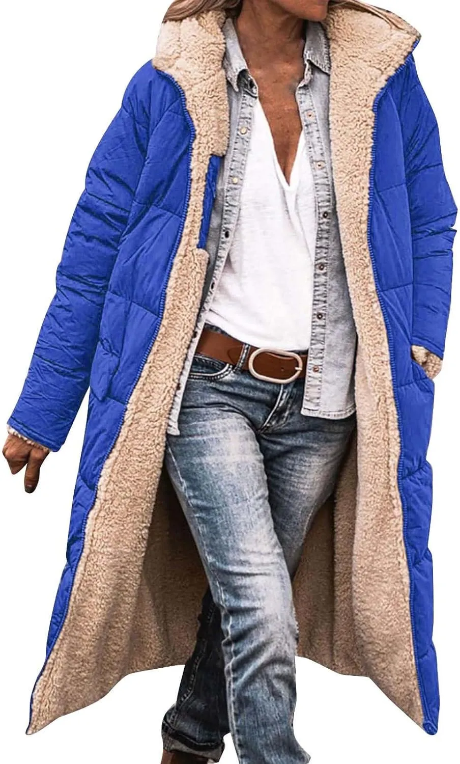Long Sleeve Zip Puffer Jacket Coat Double Faced Long Sleeve Hooded Down Jacket With Faux Fur Removable Hood Womens