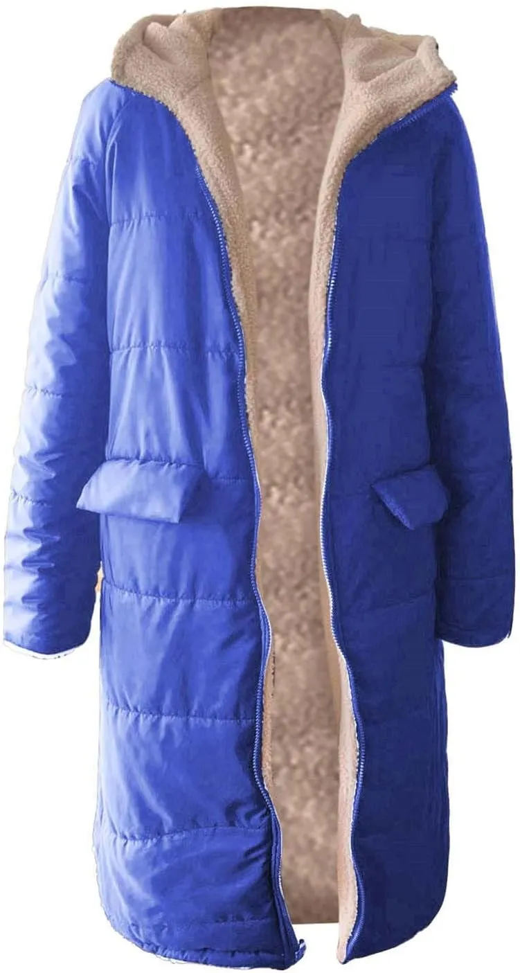 Long Sleeve Zip Puffer Jacket Coat Double Faced Long Sleeve Hooded Down Jacket With Faux Fur Removable Hood Womens