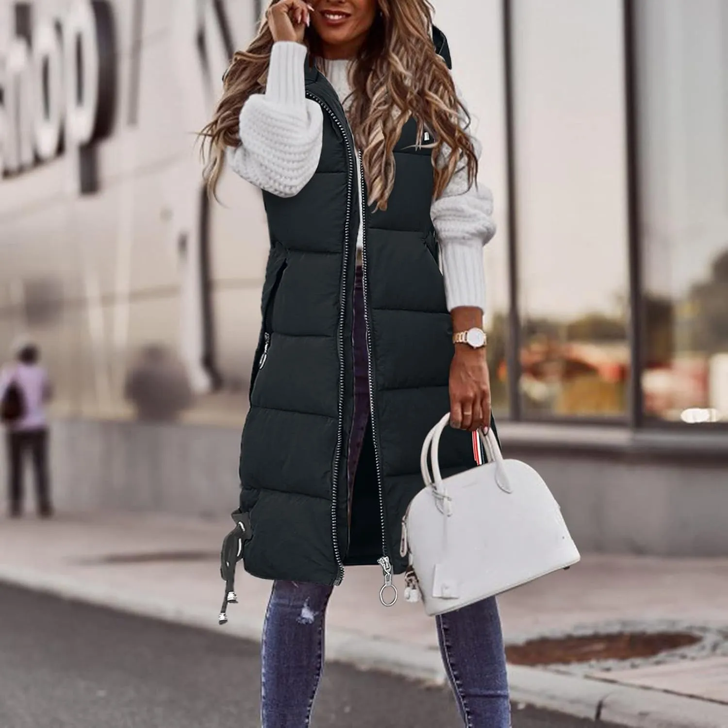 Long Vest for Women Sleeveless Puffer Windproof Winter Coat with Recycled Insulation Winter Slim Short Hooded Warm
