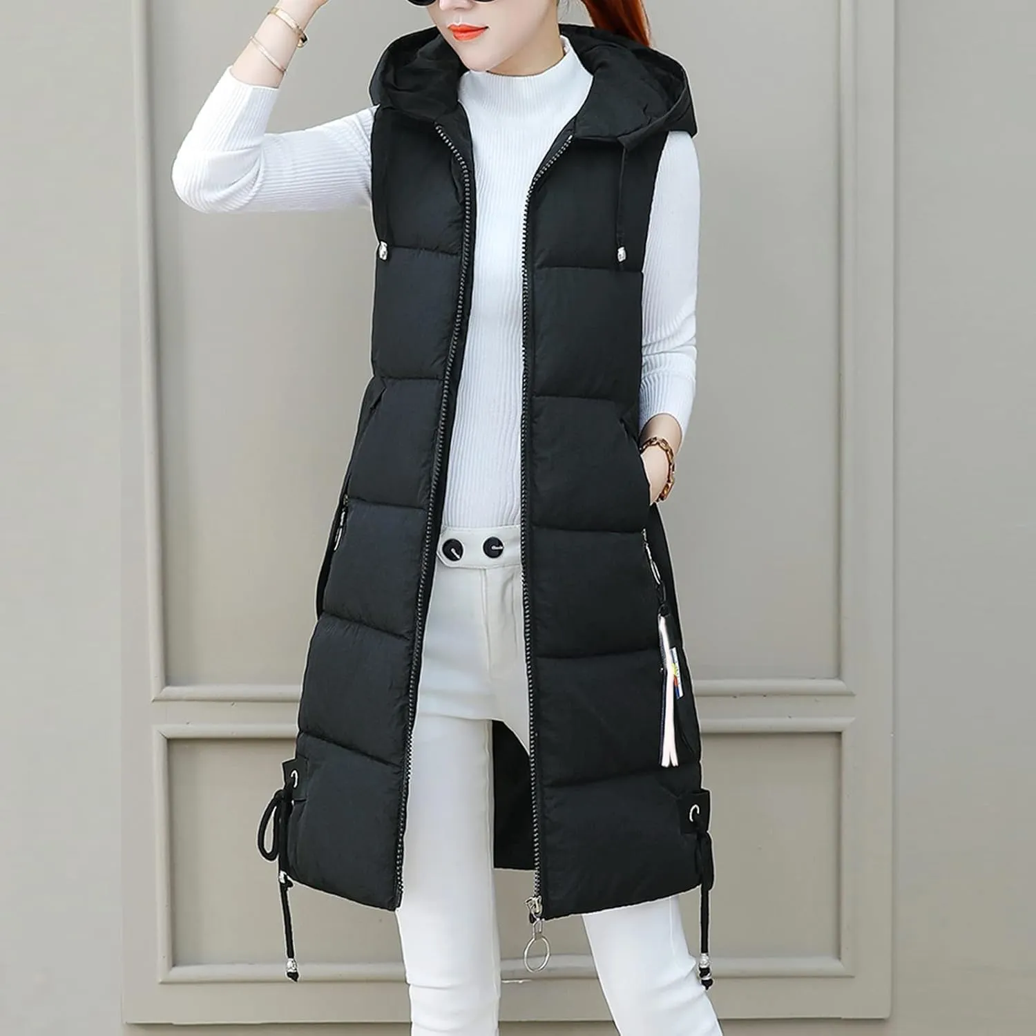 Long Vest for Women Sleeveless Puffer Windproof Winter Coat with Recycled Insulation Winter Slim Short Hooded Warm