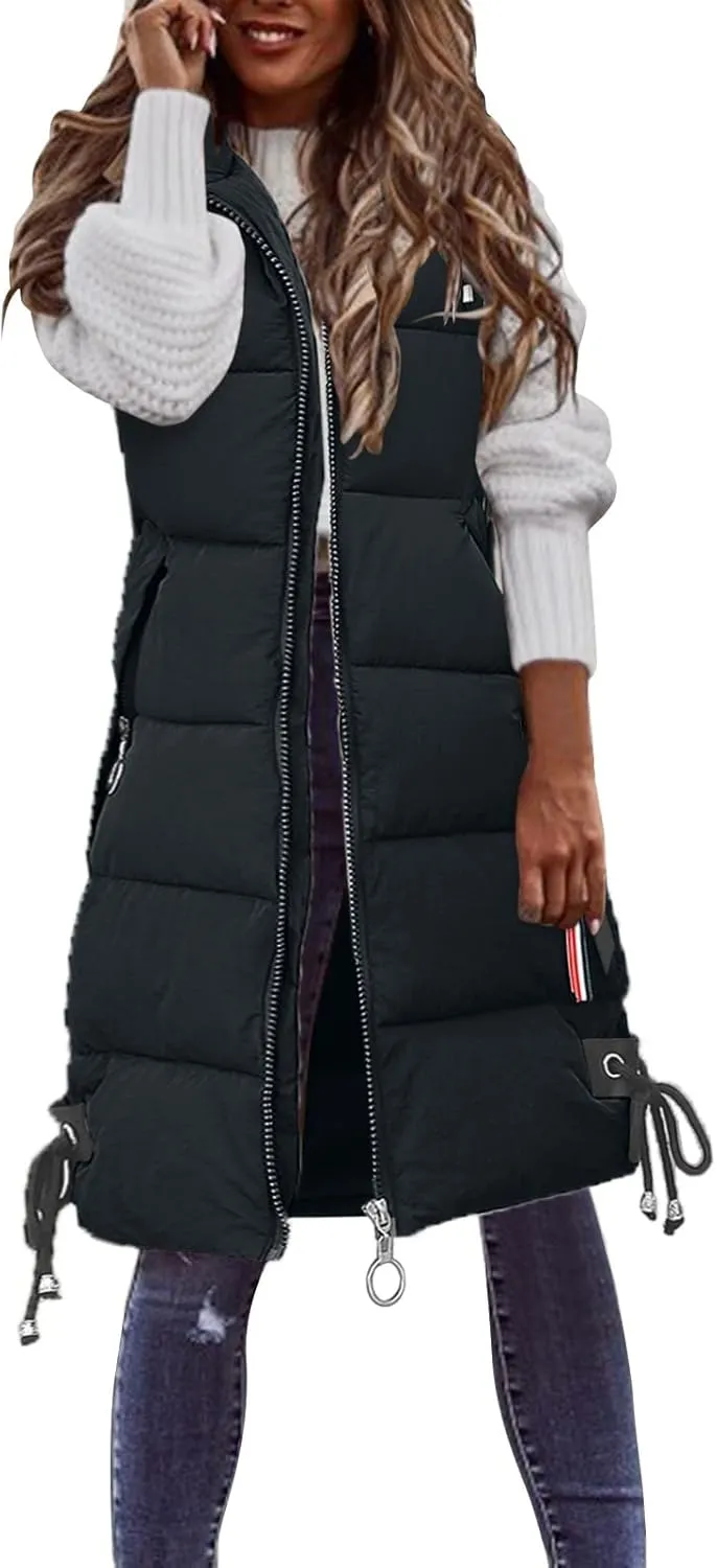 Long Vest for Women Sleeveless Puffer Windproof Winter Coat with Recycled Insulation Winter Slim Short Hooded Warm