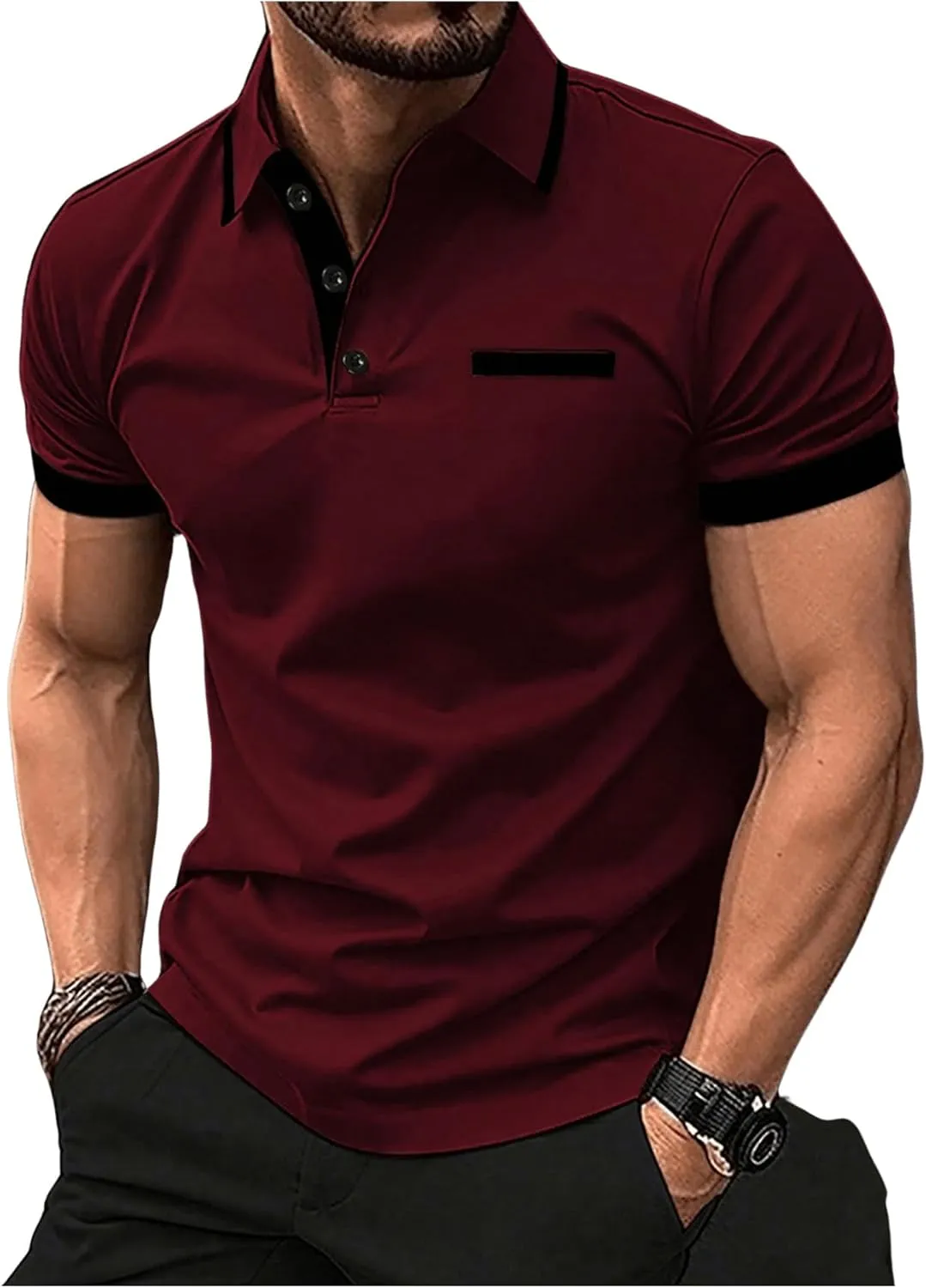 Men's Button Color Block Golf Shirts Short Sleeve Collared Shirt with Pocket