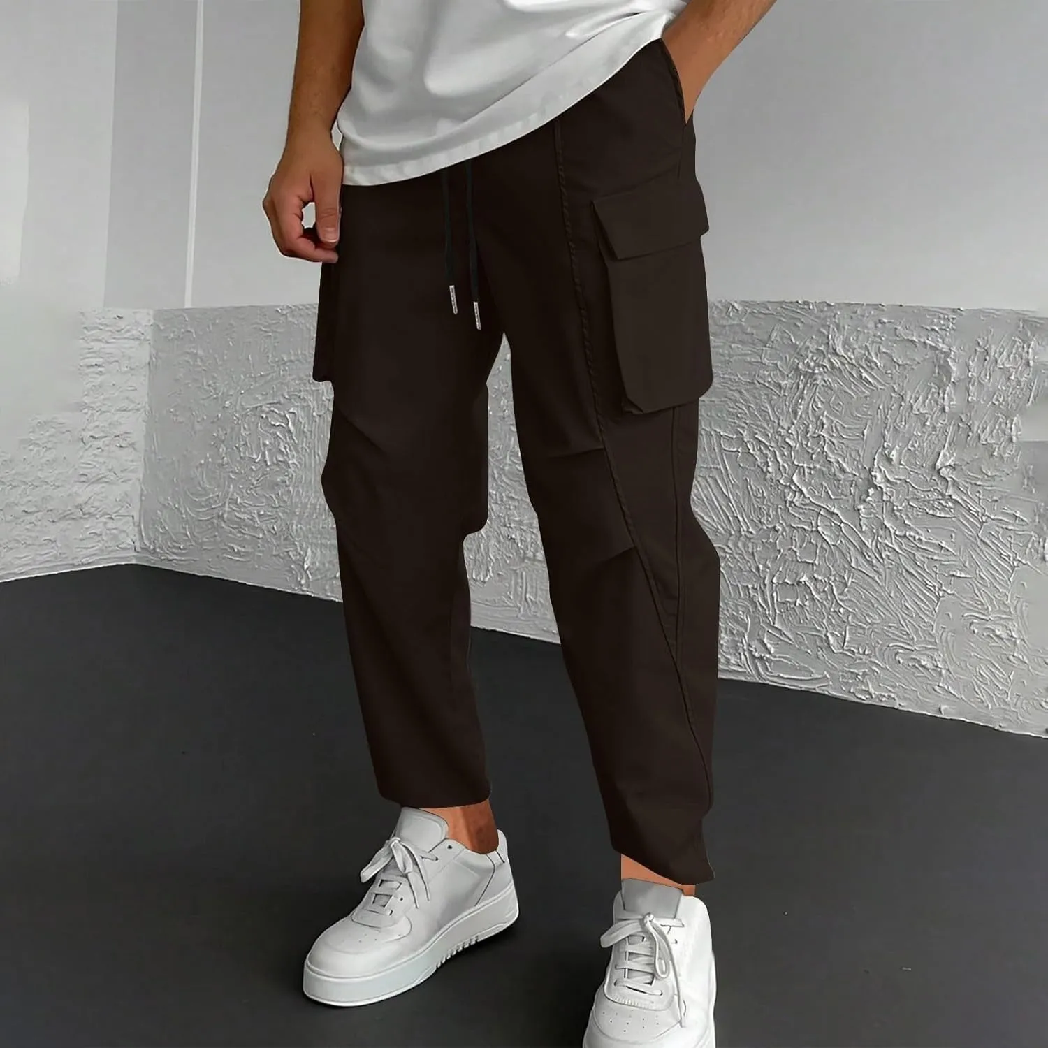 Mens Cargo Pants Elastic Waist Drawstring Slim Fit Skinny Joggers for Men Lightweight Hiking Pants with Multi Pockets