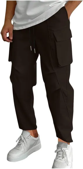 Mens Cargo Pants Elastic Waist Drawstring Slim Fit Skinny Joggers for Men Lightweight Hiking Pants with Multi Pockets