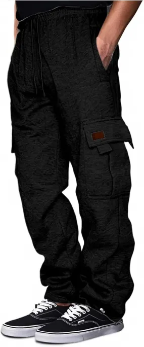Men's Cargo Sweatpants Heavyweight Fleece Joggers Loose Fit Open Bottom Workout Athletic Pants with Pockets
