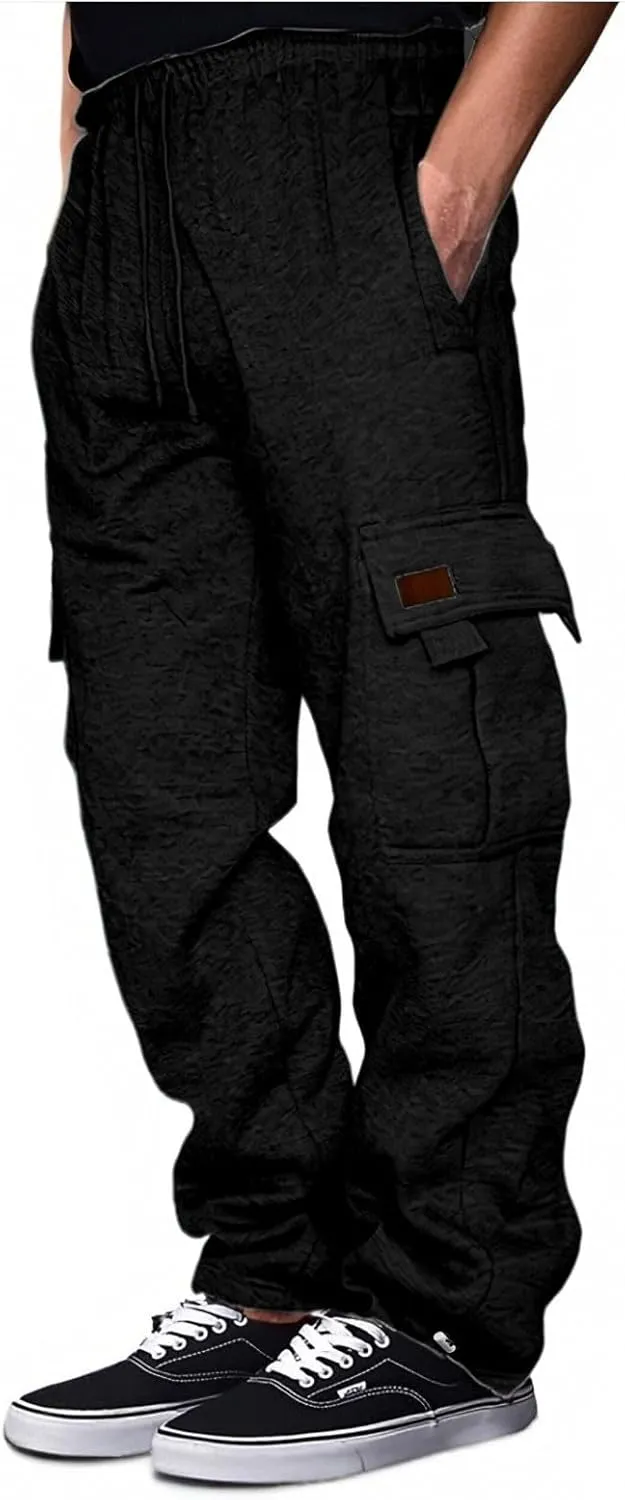 Men's Cargo Sweatpants Heavyweight Fleece Joggers Loose Fit Open Bottom Workout Athletic Pants with Pockets