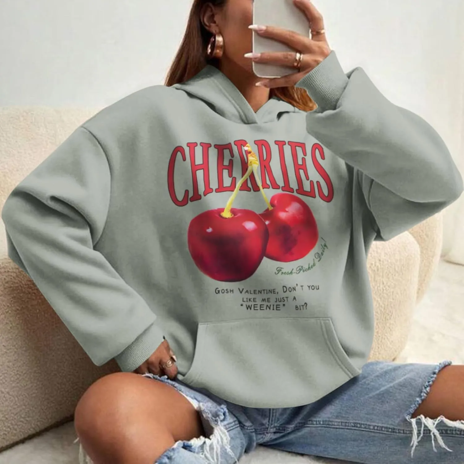 Mens Oversized Cherry Graphic Hoodies Vintage Cherries Printed Streetwear Sweatshirt Fleece Aesthetic Baggy Pullover