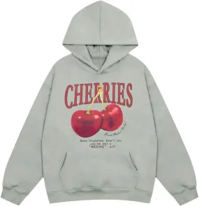 Mens Oversized Cherry Graphic Hoodies Vintage Cherries Printed Streetwear Sweatshirt Fleece Aesthetic Baggy Pullover