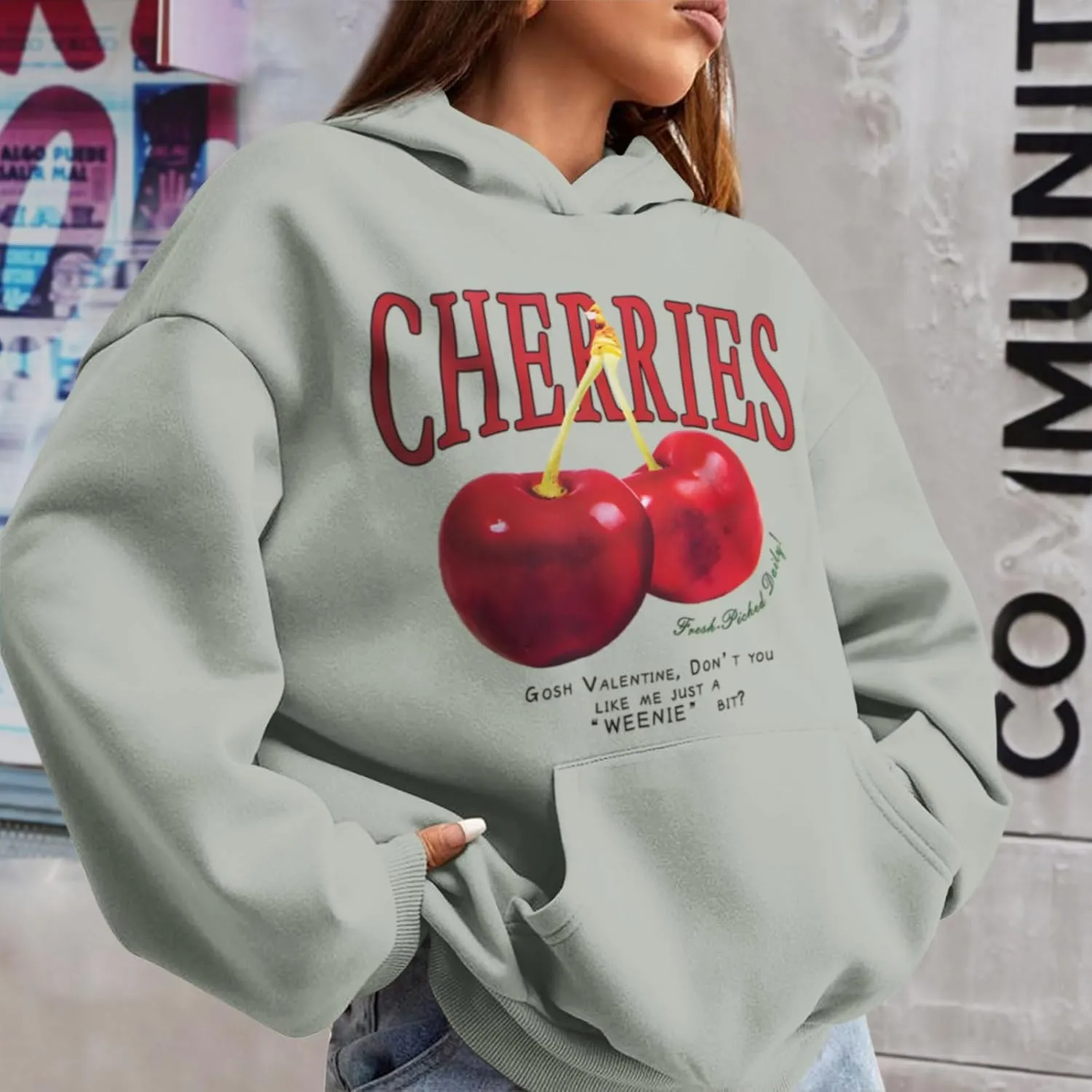 Mens Oversized Cherry Graphic Hoodies Vintage Cherries Printed Streetwear Sweatshirt Fleece Aesthetic Baggy Pullover