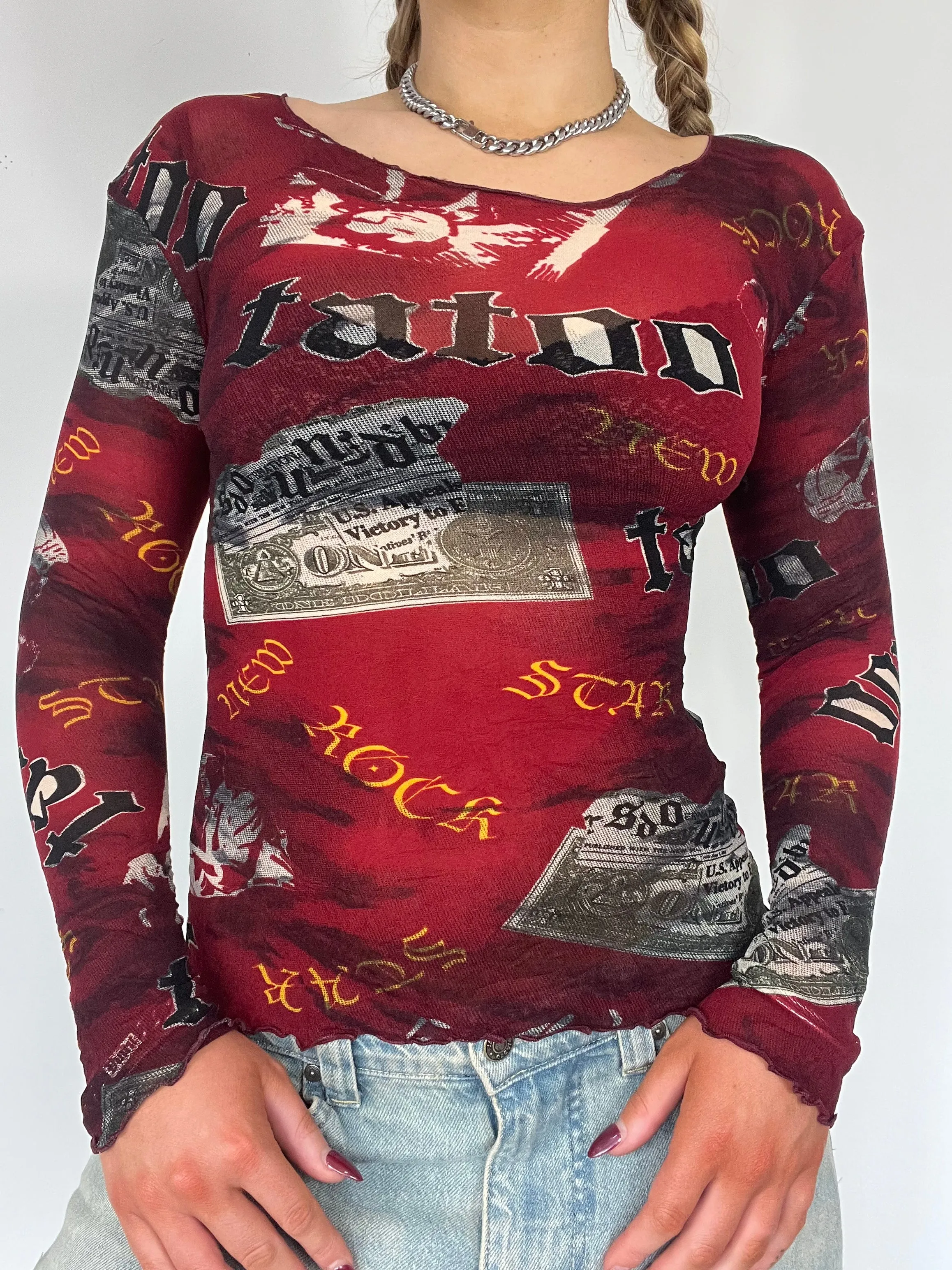 Mesh Graphic Print Long Sleeve Top - Size S