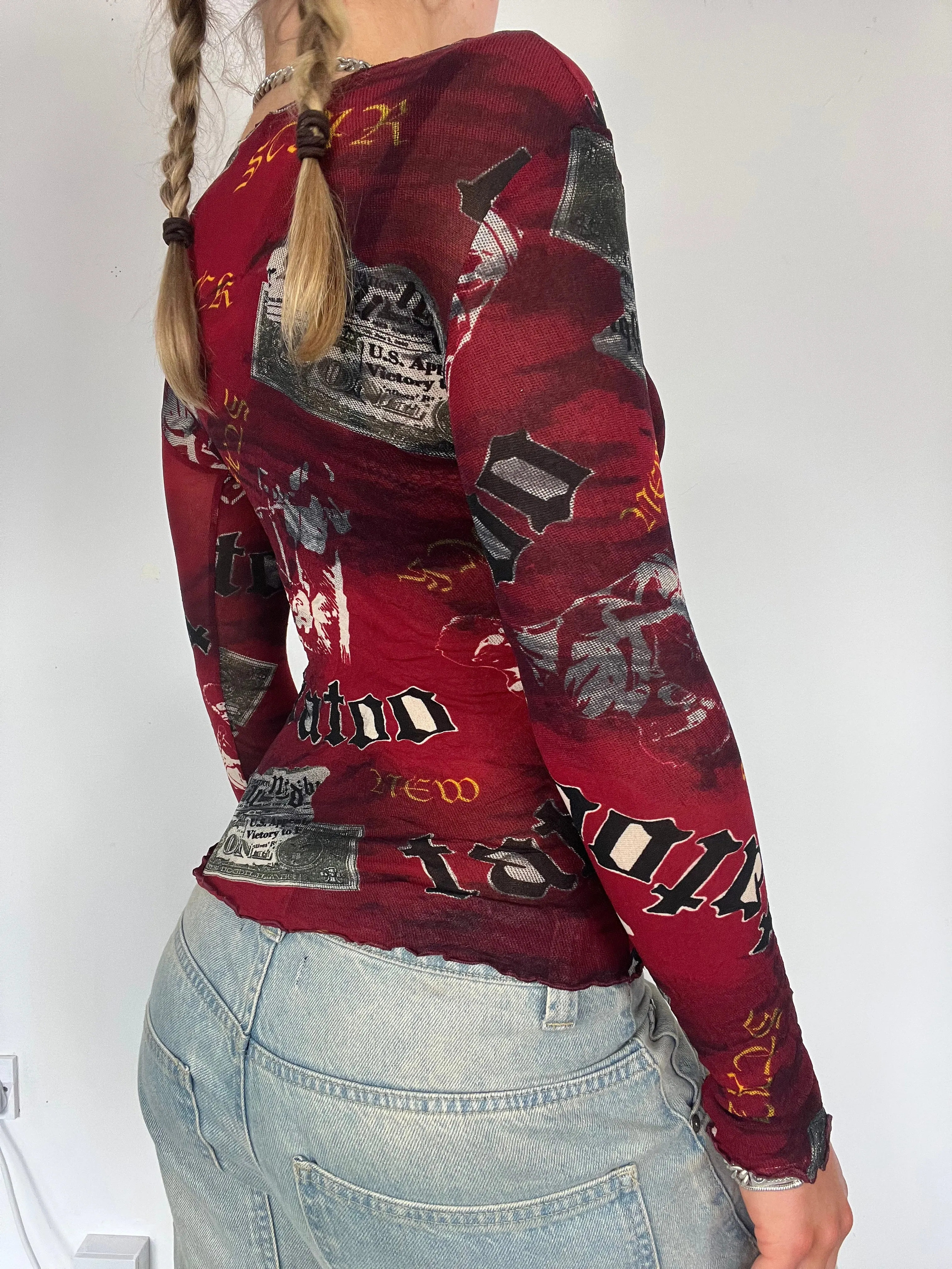 Mesh Graphic Print Long Sleeve Top - Size S
