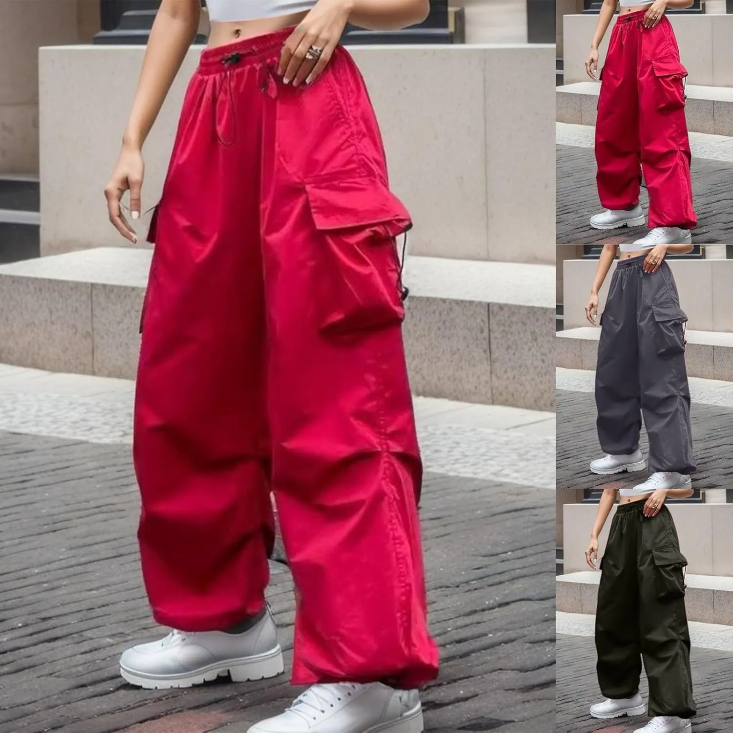 Parachute Pants for Women, Y2k Cargo Pants Women Baggy Drawstring High Rise Straight Leg Baggy Pants Jogger Sweatpants