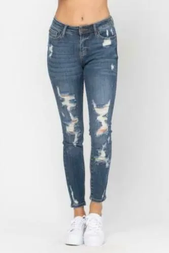 Plus Size Judy Blue Mid Rise Heavy Destroyed Skinny Jeans