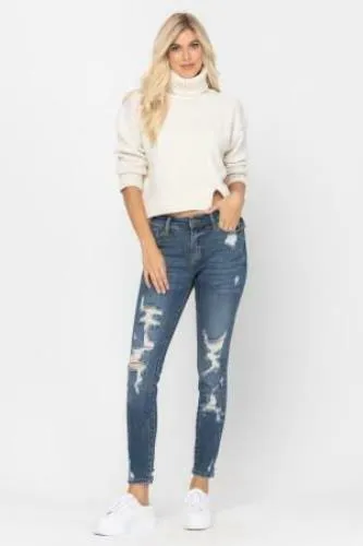 Plus Size Judy Blue Mid Rise Heavy Destroyed Skinny Jeans