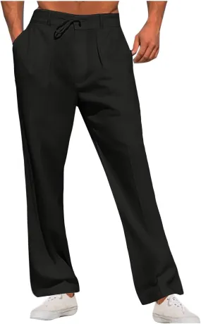 Plus Size Linen Pants for Men Casual Elastic Waist Lightweight Loose Fit Trousers Solid Business Wide Leg Suit Pant