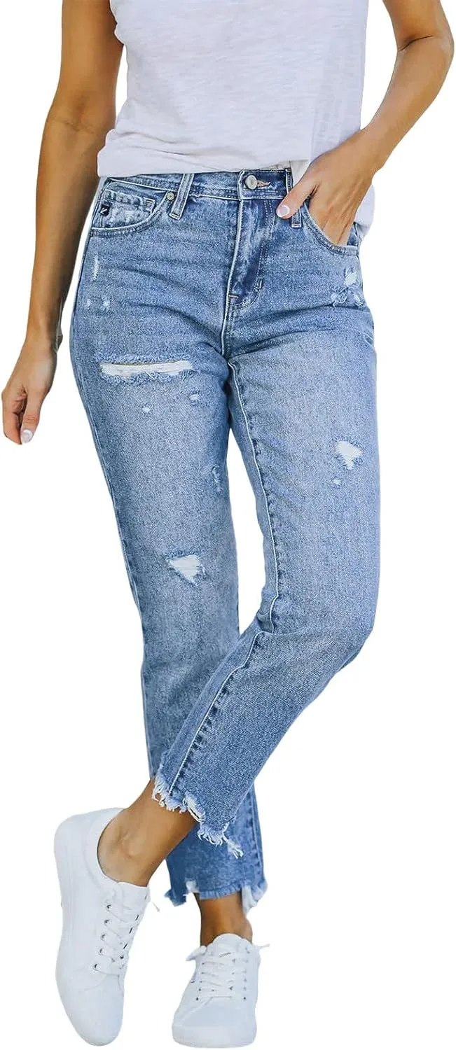 Ripped Denim Pants for Women High Waisted Stretch Skinny Jean Trousers Casual Slim Fit Vintage Distressed Jeans with Pockets