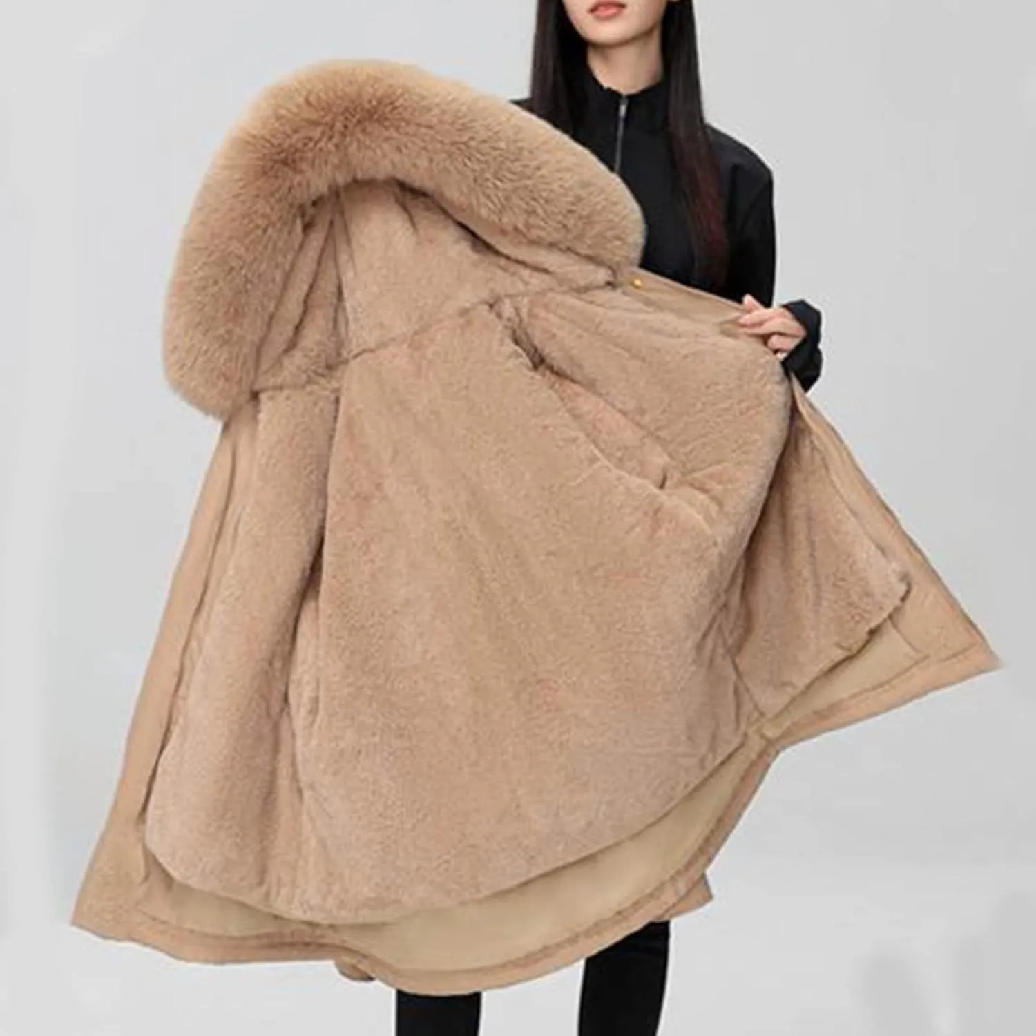 Snow Jackets for Women Winter Warm down Coats Plus Size Fuzzy Hooded Puffer Jackets Outdoor Waterproof Parka Coats