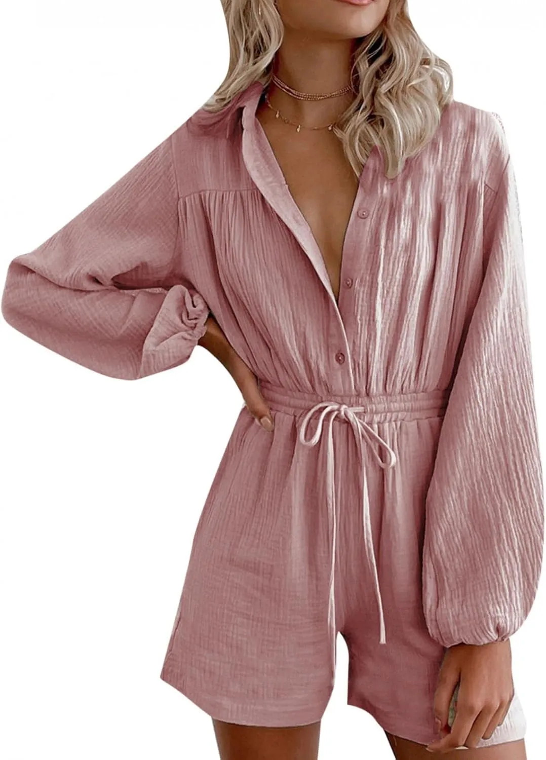 Summer Long Sleeve Button Down Pockets Shorts Rompers Drawstring Loose Casual Beach Linen Jumpsuits Pajamas