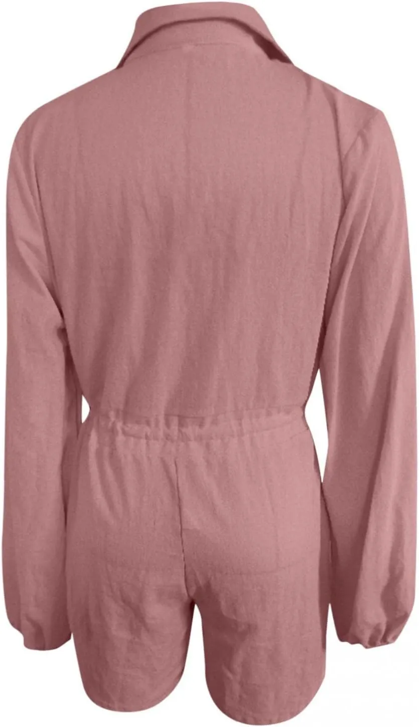 Summer Long Sleeve Button Down Pockets Shorts Rompers Drawstring Loose Casual Beach Linen Jumpsuits Pajamas
