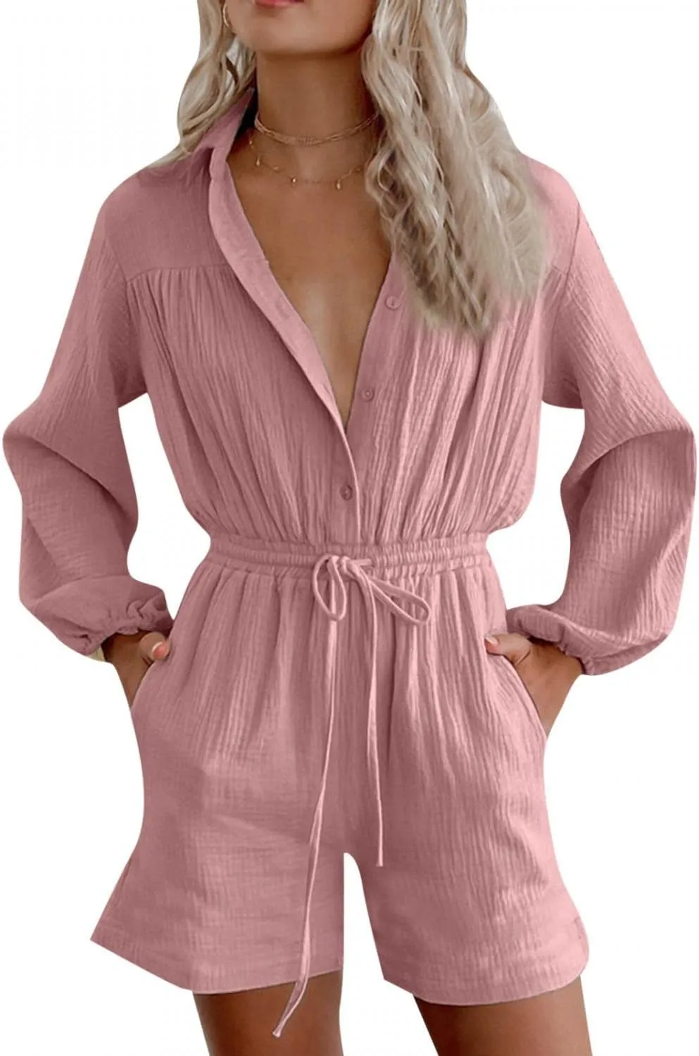 Summer Long Sleeve Button Down Pockets Shorts Rompers Drawstring Loose Casual Beach Linen Jumpsuits Pajamas