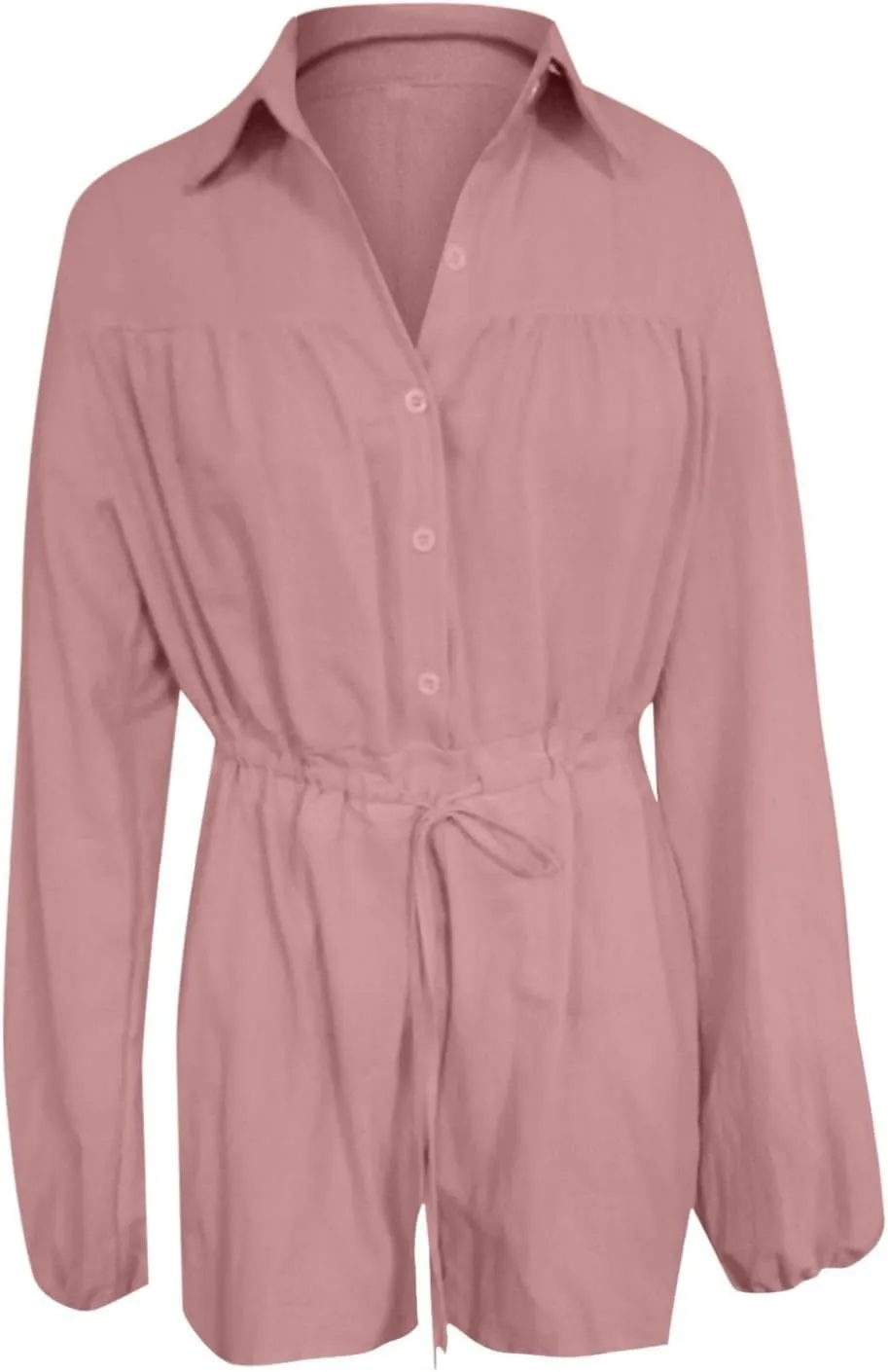 Summer Long Sleeve Button Down Pockets Shorts Rompers Drawstring Loose Casual Beach Linen Jumpsuits Pajamas