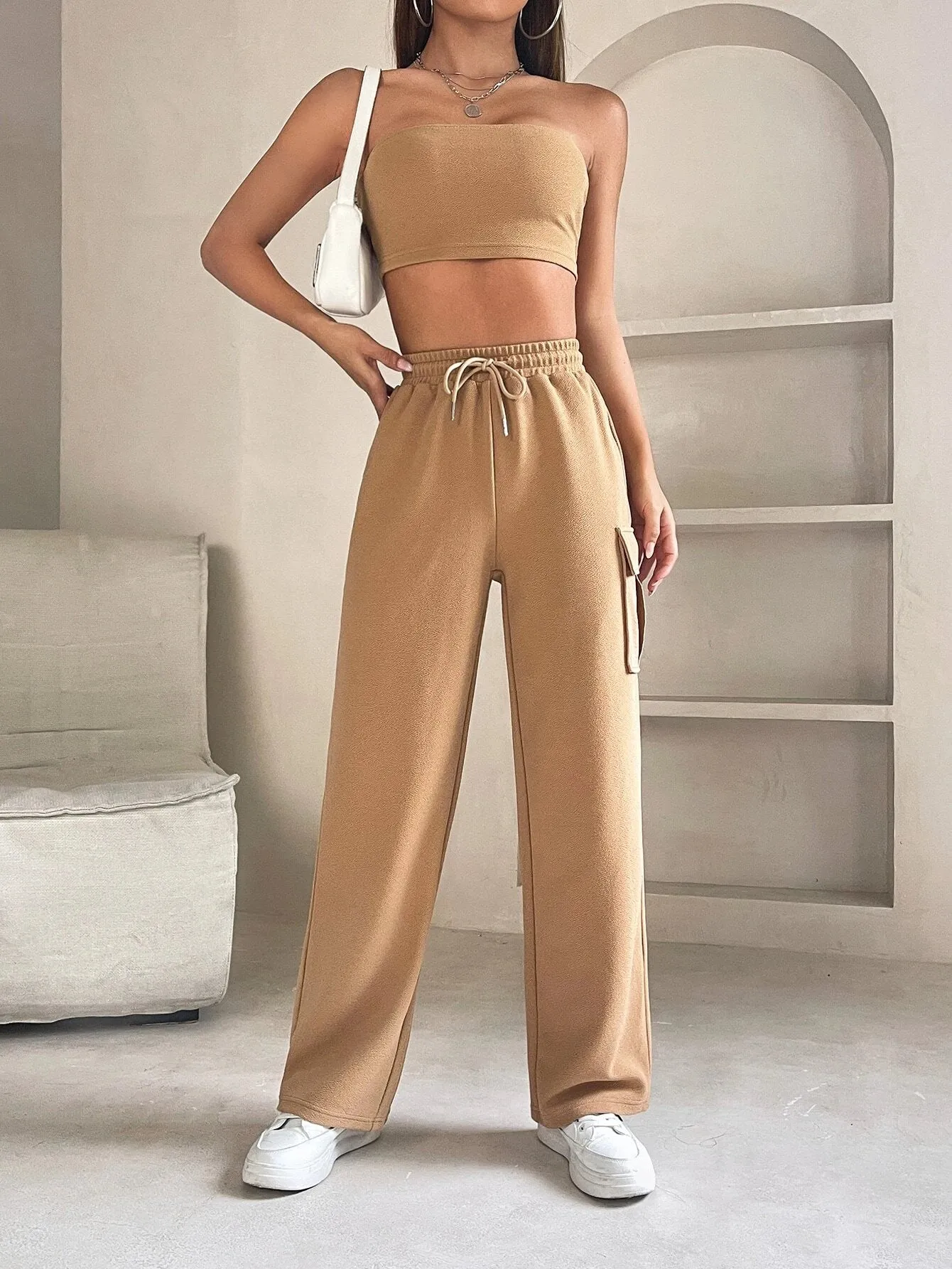 Tube Crop Top And Drawstring Cargo Pants