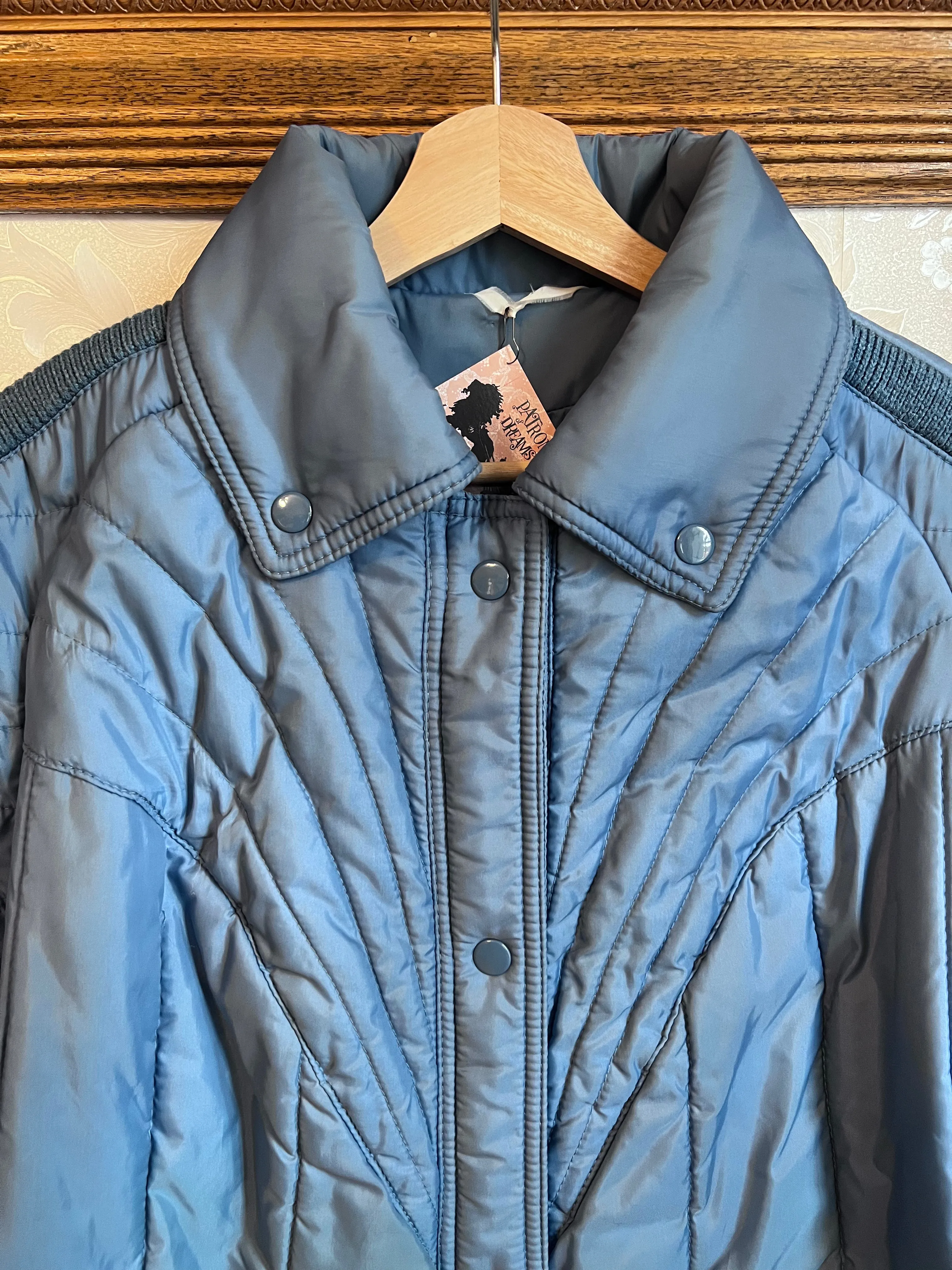 Vintage 70's Nylon Powder Blue Chevron Quilted Coat (2XL)