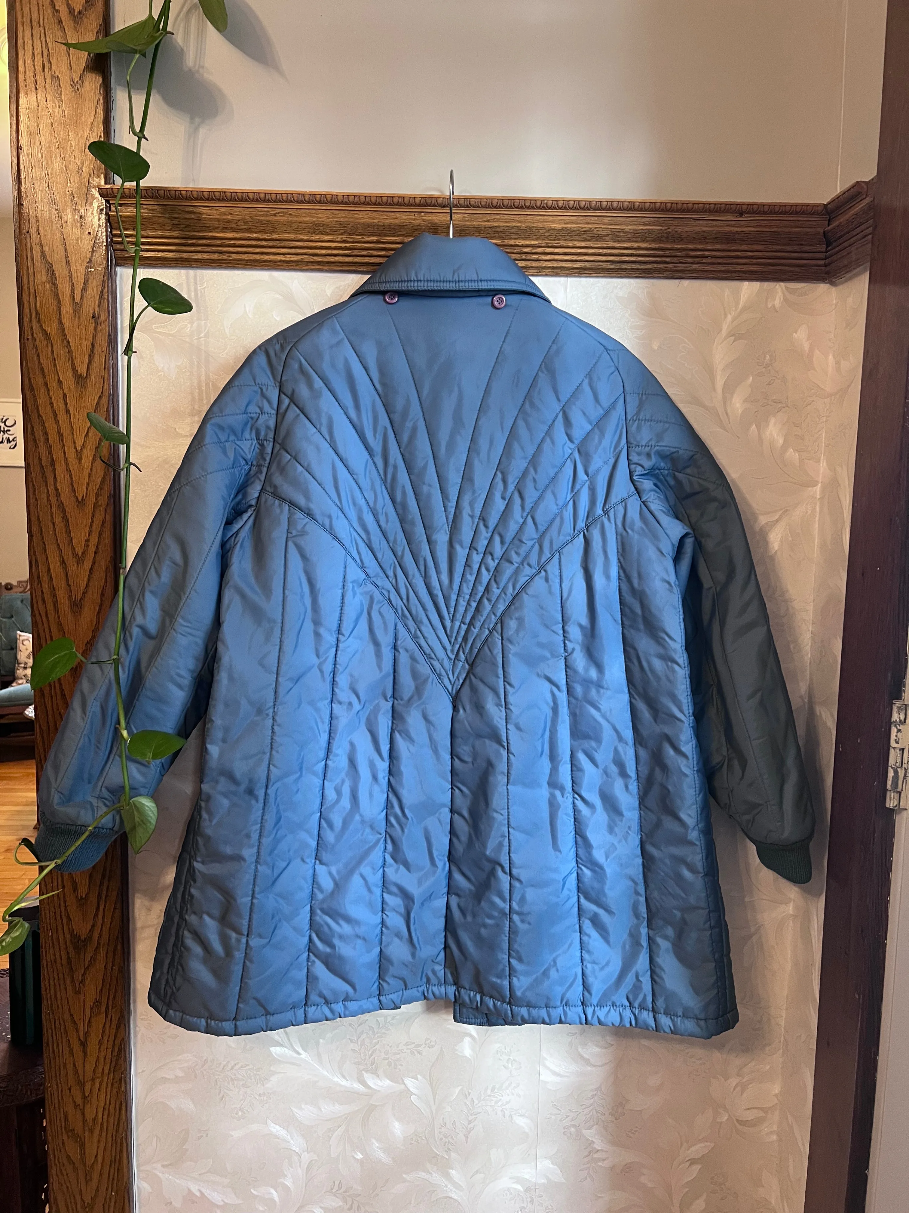 Vintage 70's Nylon Powder Blue Chevron Quilted Coat (2XL)