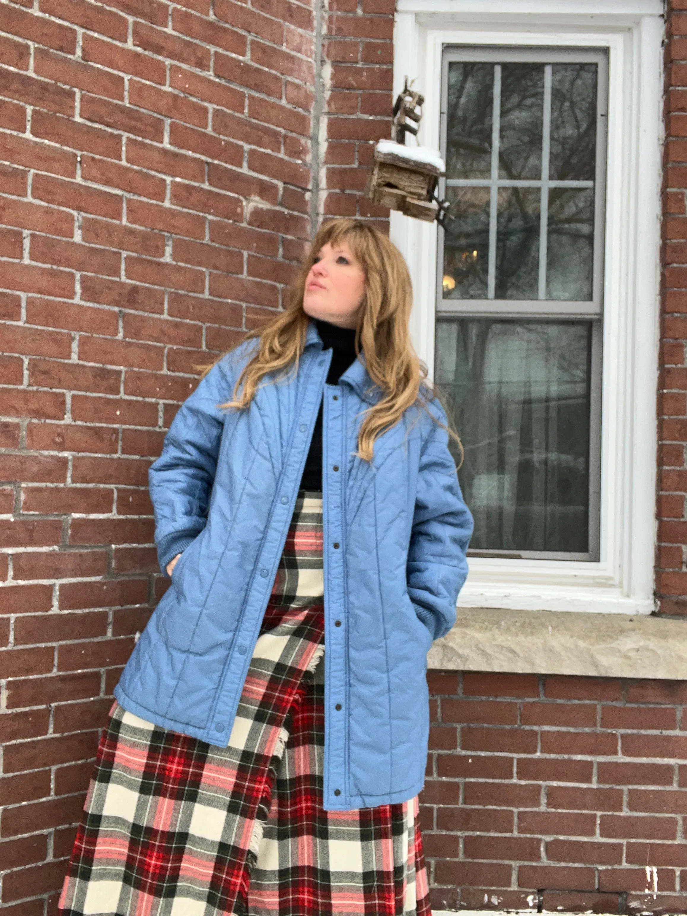 Vintage 70's Nylon Powder Blue Chevron Quilted Coat (2XL)